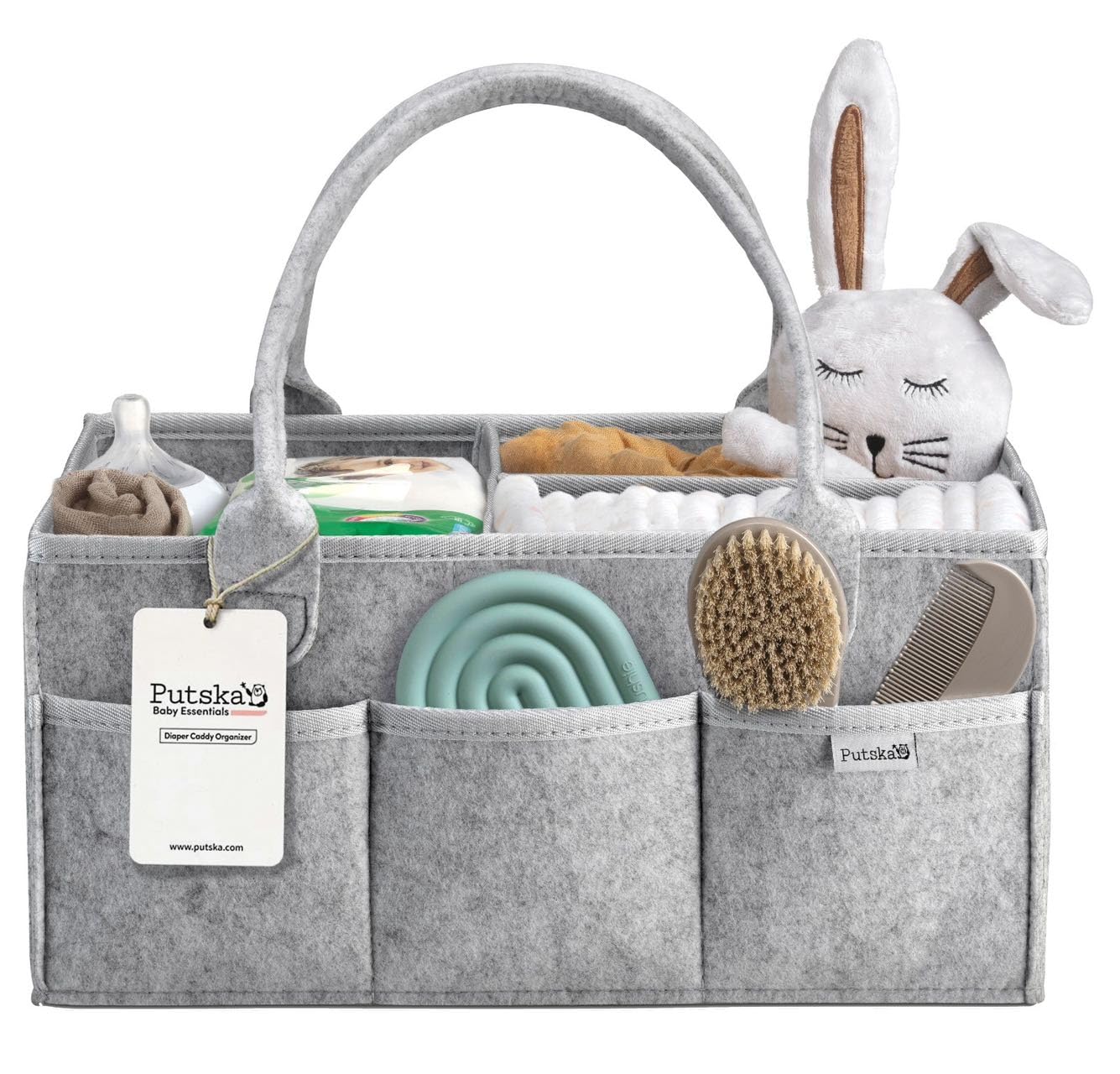 PUTSKA nursery storage basket with diaper caddy keeps essentials within reach.