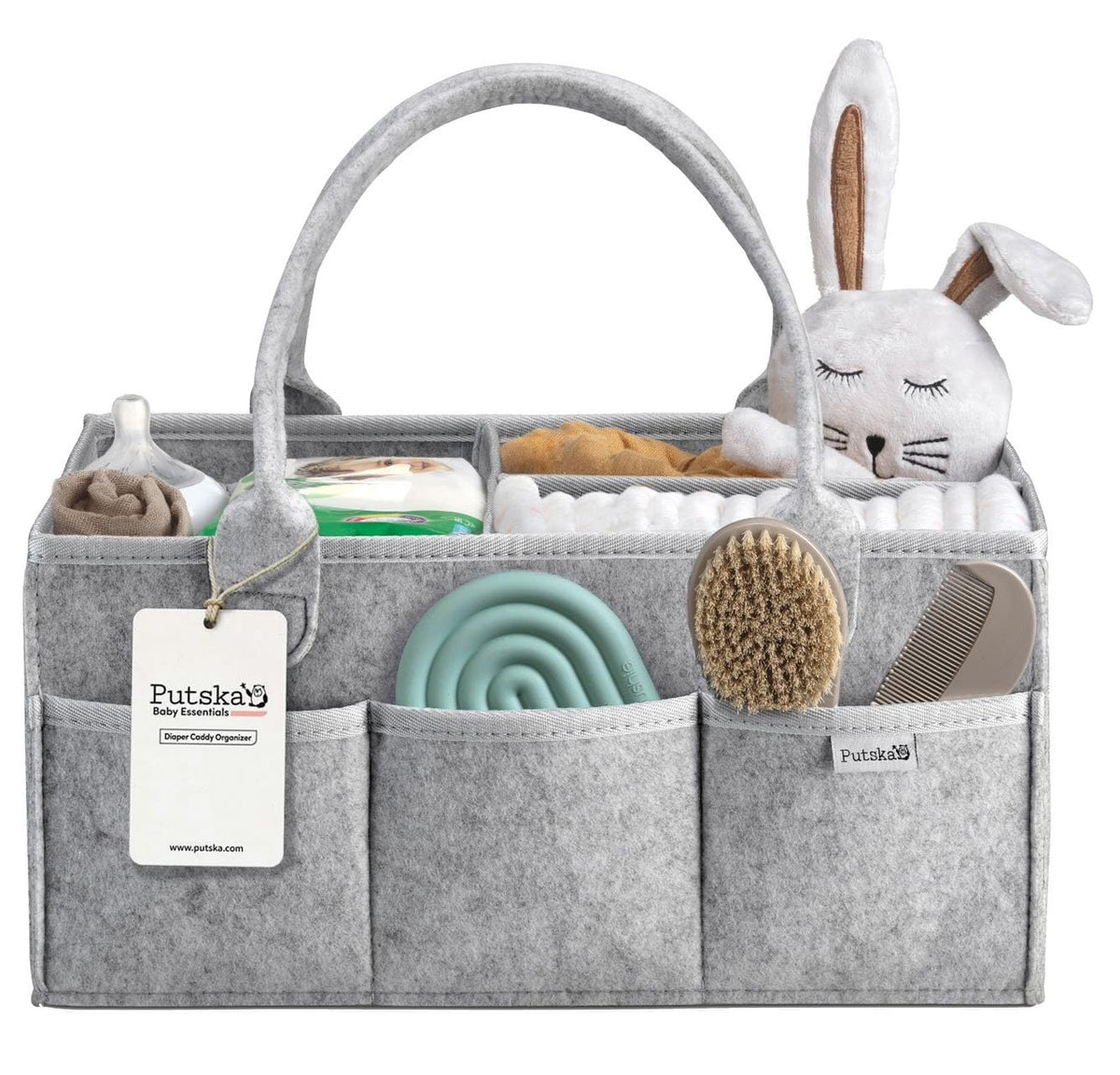 PUTSKA nursery storage basket with diaper caddy keeps essentials within reach.