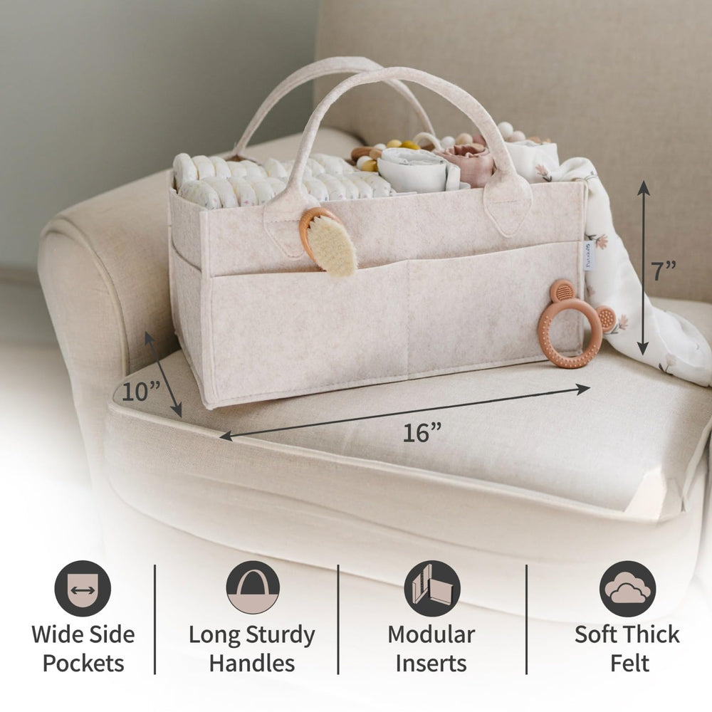 PUTSKA nursery storage basket with six pockets organizes wipes and creams for quick access.
