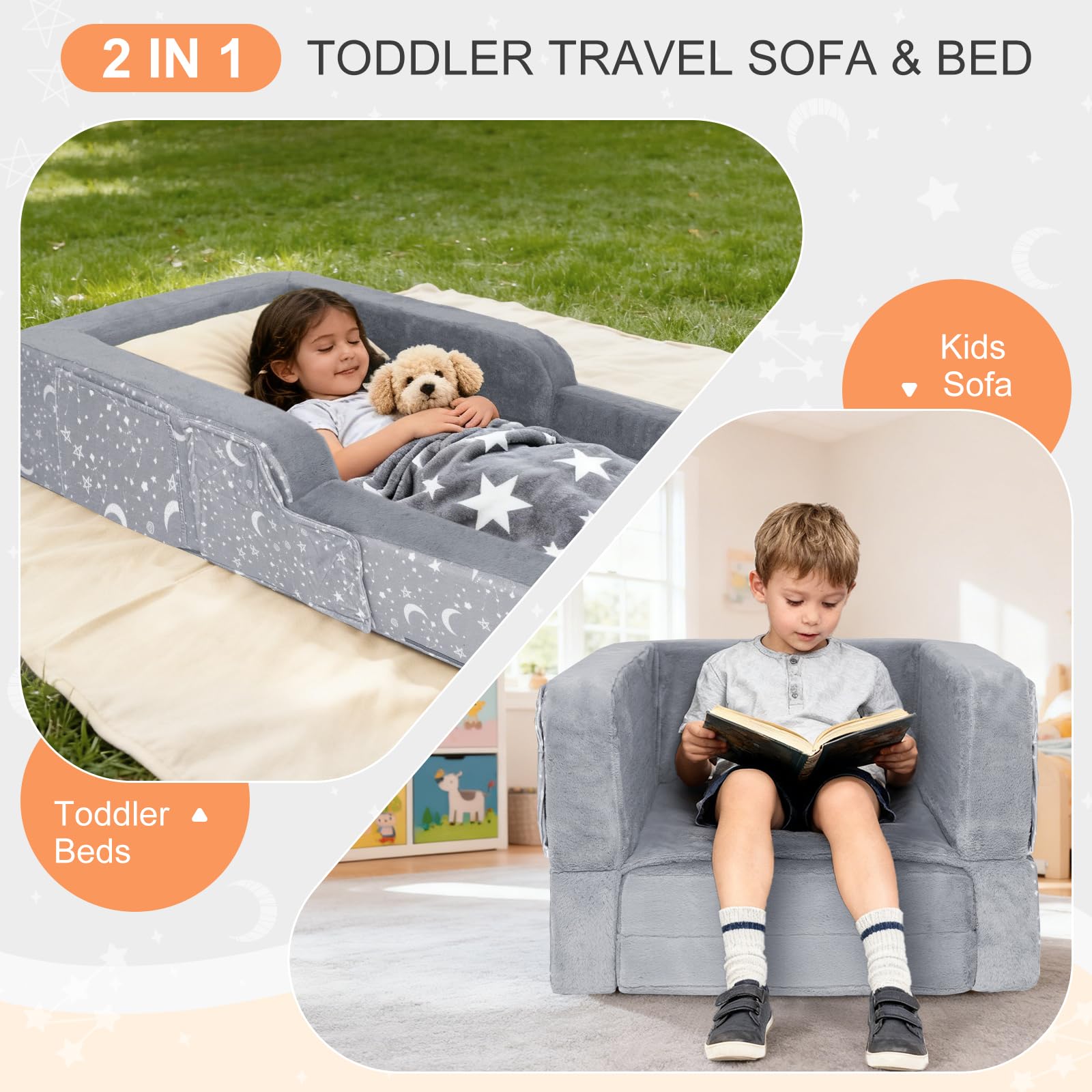 PuzzVerse 2-in-1 travel bed and sofa chair in use for a child