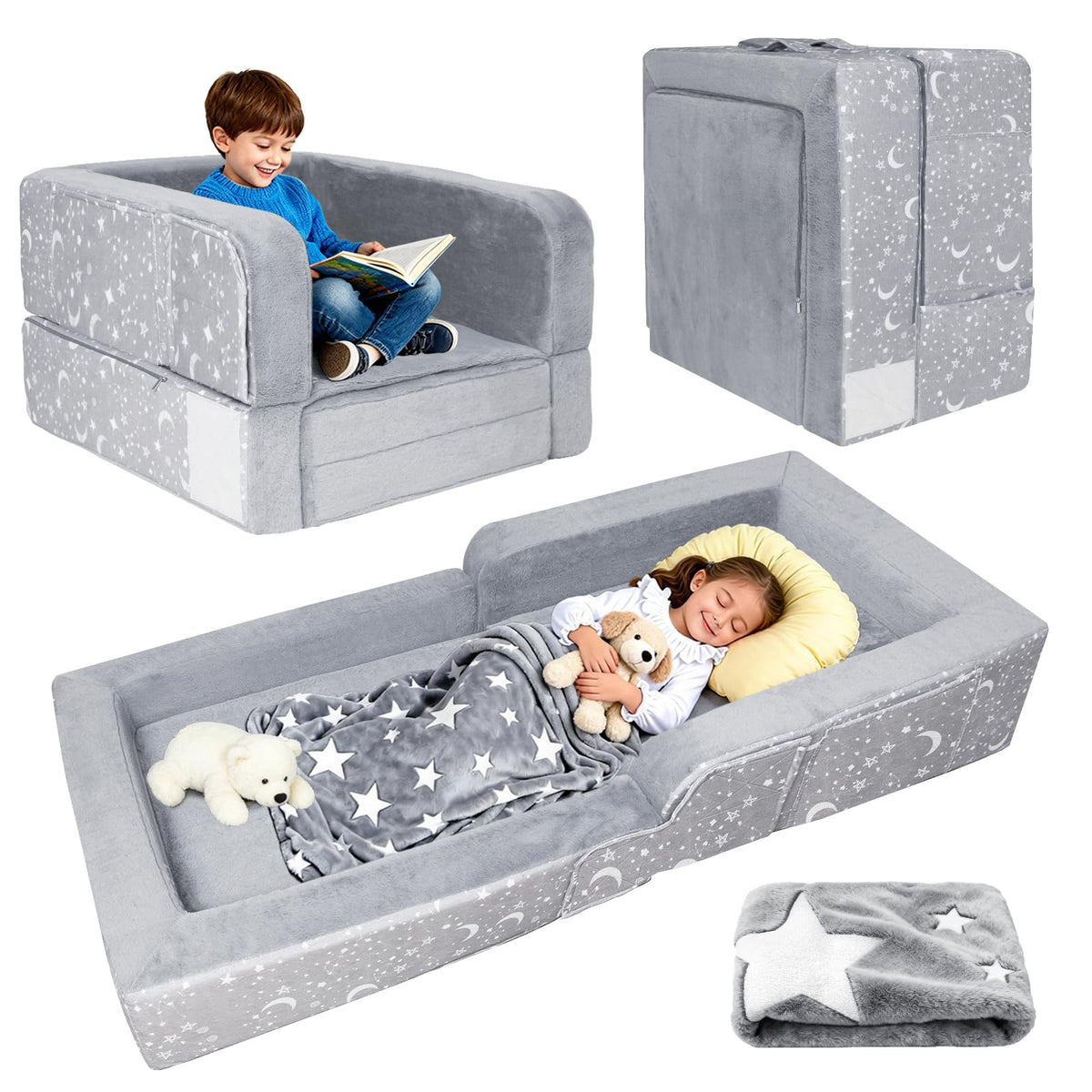 PuzzVerse portable toddler bed folded into carry case for easy travel