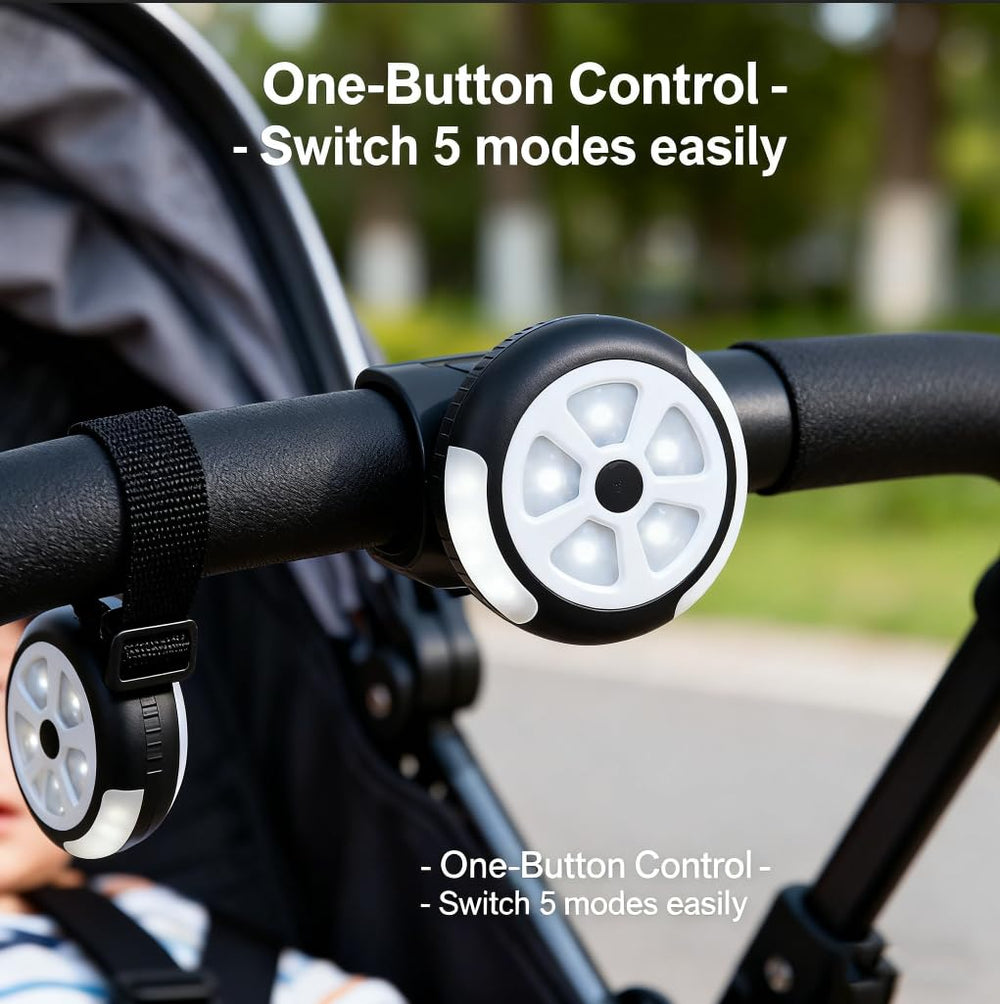 Pwysara strap-on stroller light demonstrates quick attachment for on-the-go use.