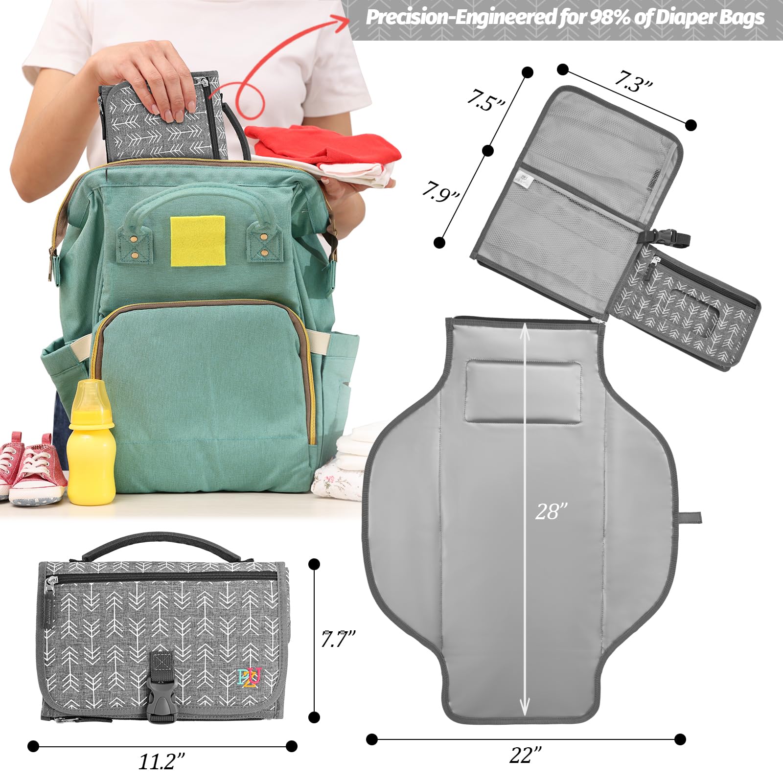 PZU portable changing pad folded compact for easy stowage in a diaper bag.