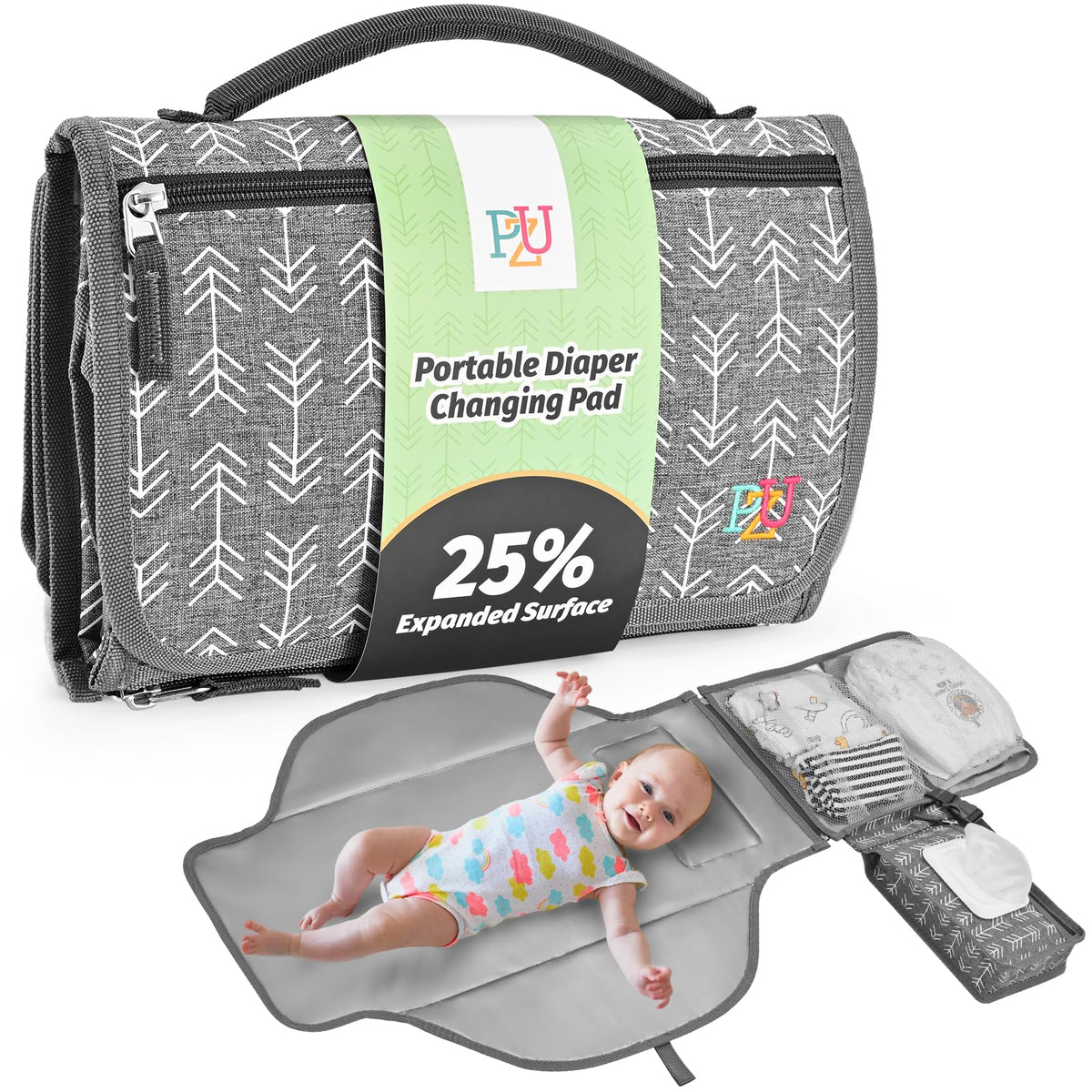 PZU portable changing pad opened to 28 by 22 inches for quick diaper changes.