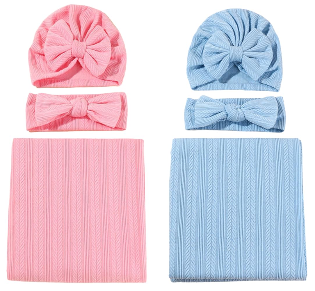 QandSweet newborn blanket set with headband in hot pink and blue for cozy shoots
