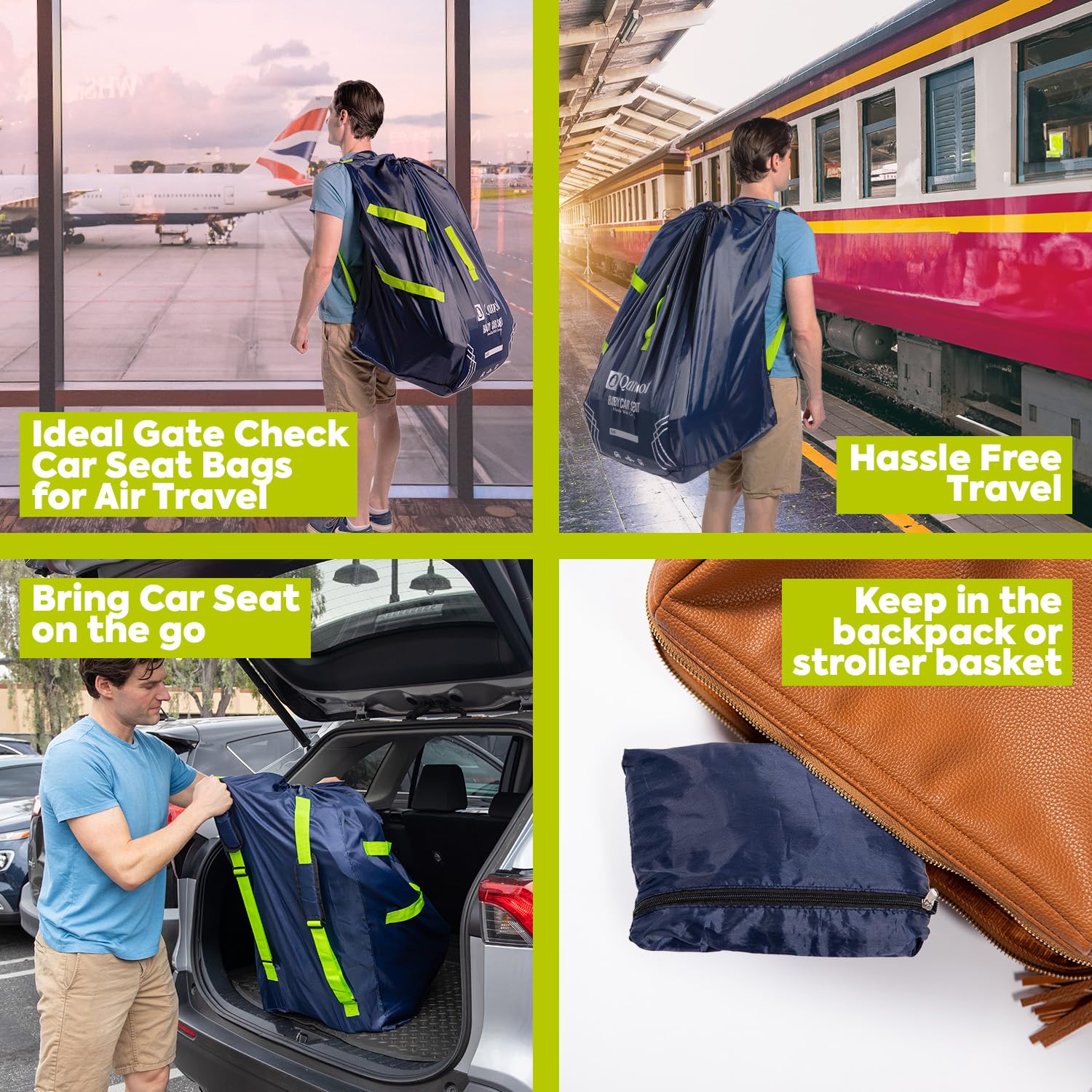 Qanoot foldable car seat bag with attached pouch for easy storage