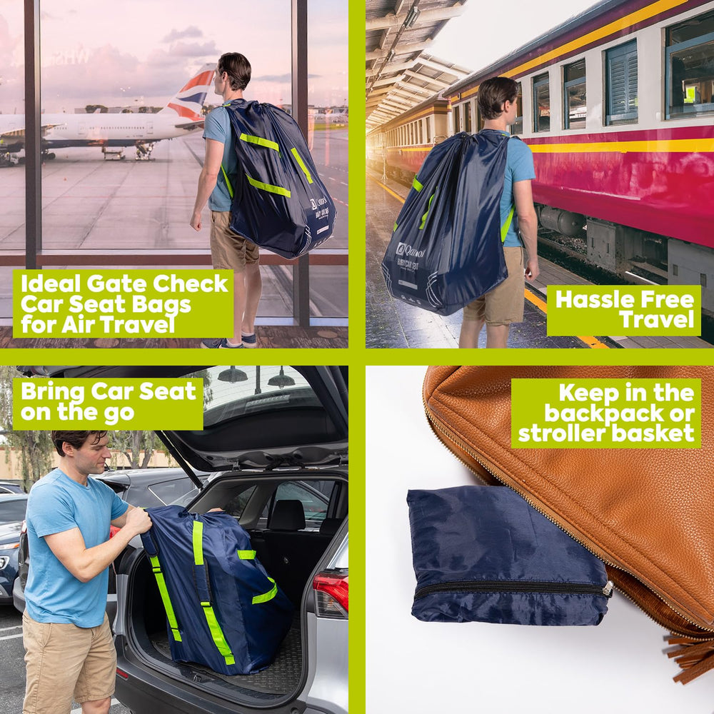 Qanoot foldable car seat bag with attached pouch for easy storage