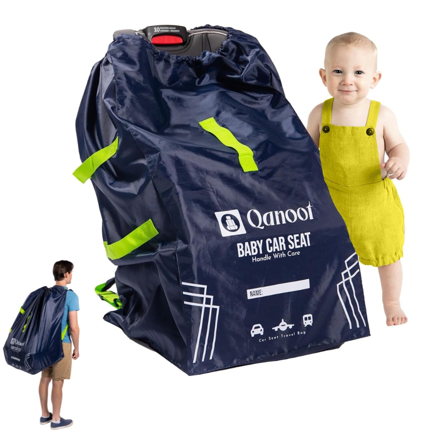 Qanoot infant car seat travel bag in blue backpack protects seats during flights