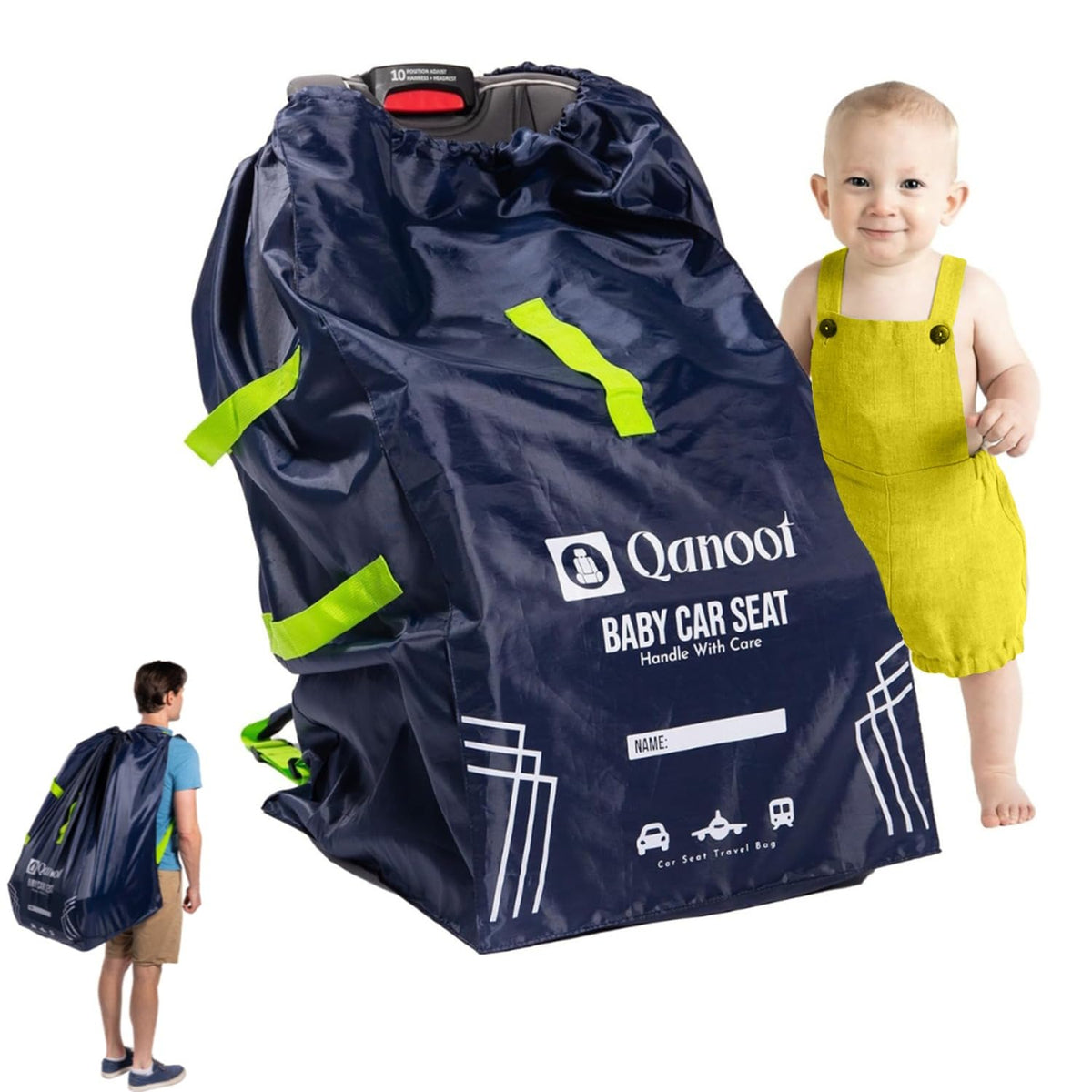 Qanoot infant car seat travel bag in blue backpack protects seats during flights
