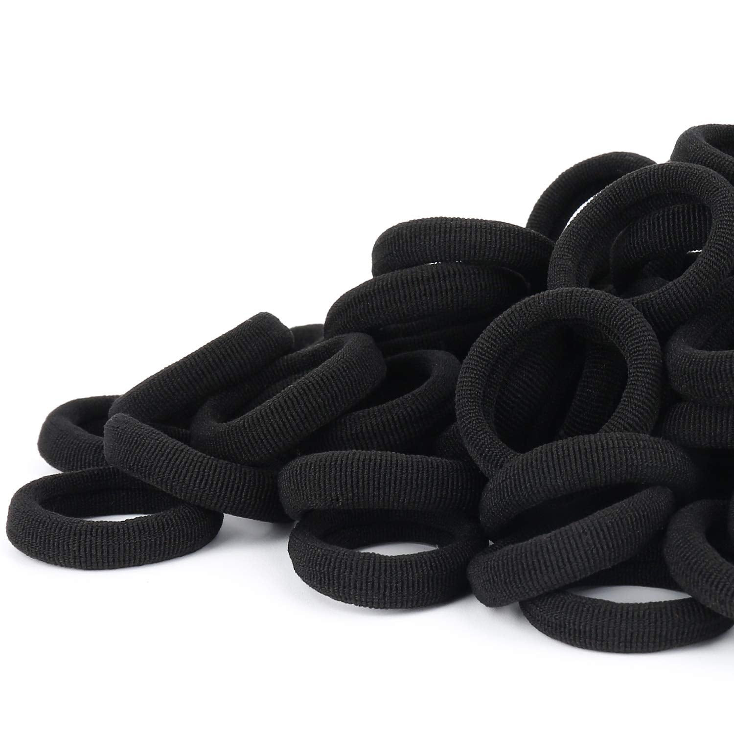 Qarwayoc black seamless hair tie close-up, gentle cotton blend for snag-free ponytails.