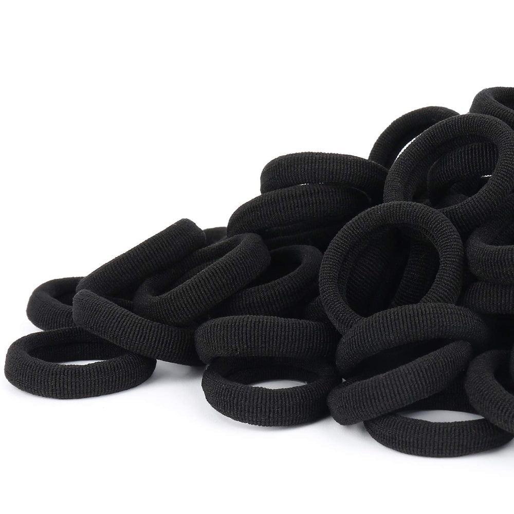 Qarwayoc black seamless hair tie close-up, gentle cotton blend for snag-free ponytails.