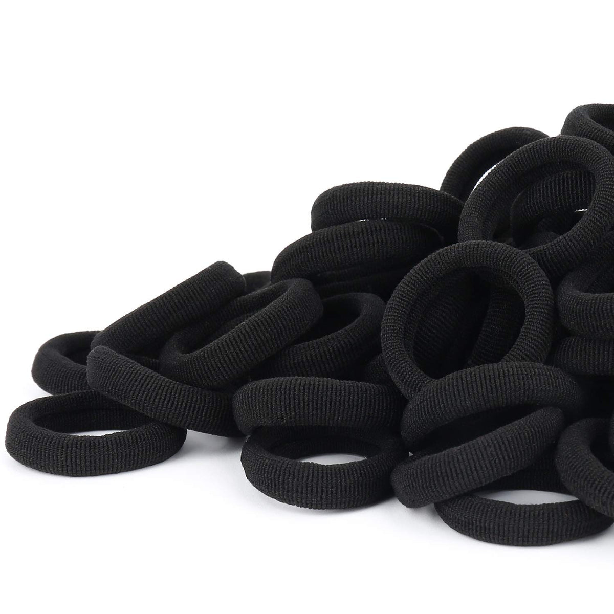Qarwayoc black seamless hair tie close-up, gentle cotton blend for snag-free ponytails.