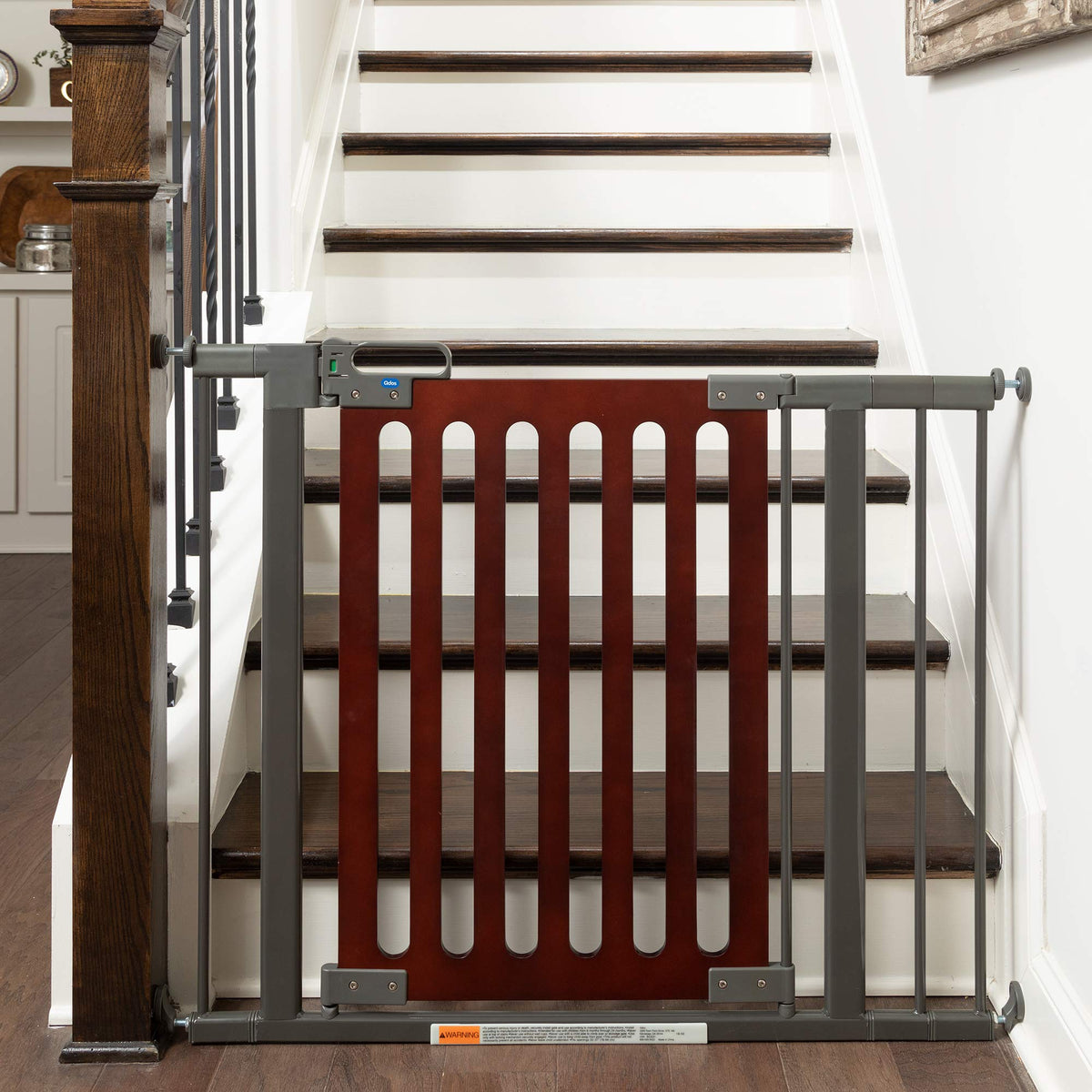 QDOS Safety Spectrum designer gate in mahogany fits openings with a sturdy, stylish finish.