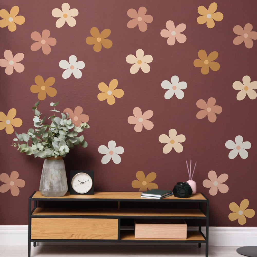 Qeeenar living room daisy decals brightening flat surfaces.