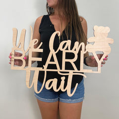 QENWWENG We Can Bearly Wait wood sign as a charming baby shower backdrop for photos