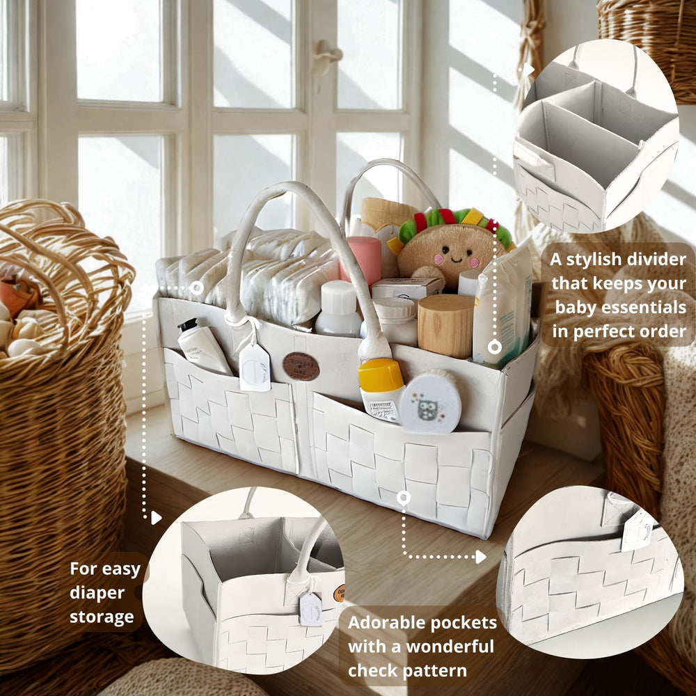 QGENUBA diaper caddy on changing table shows organized essentials at a glance