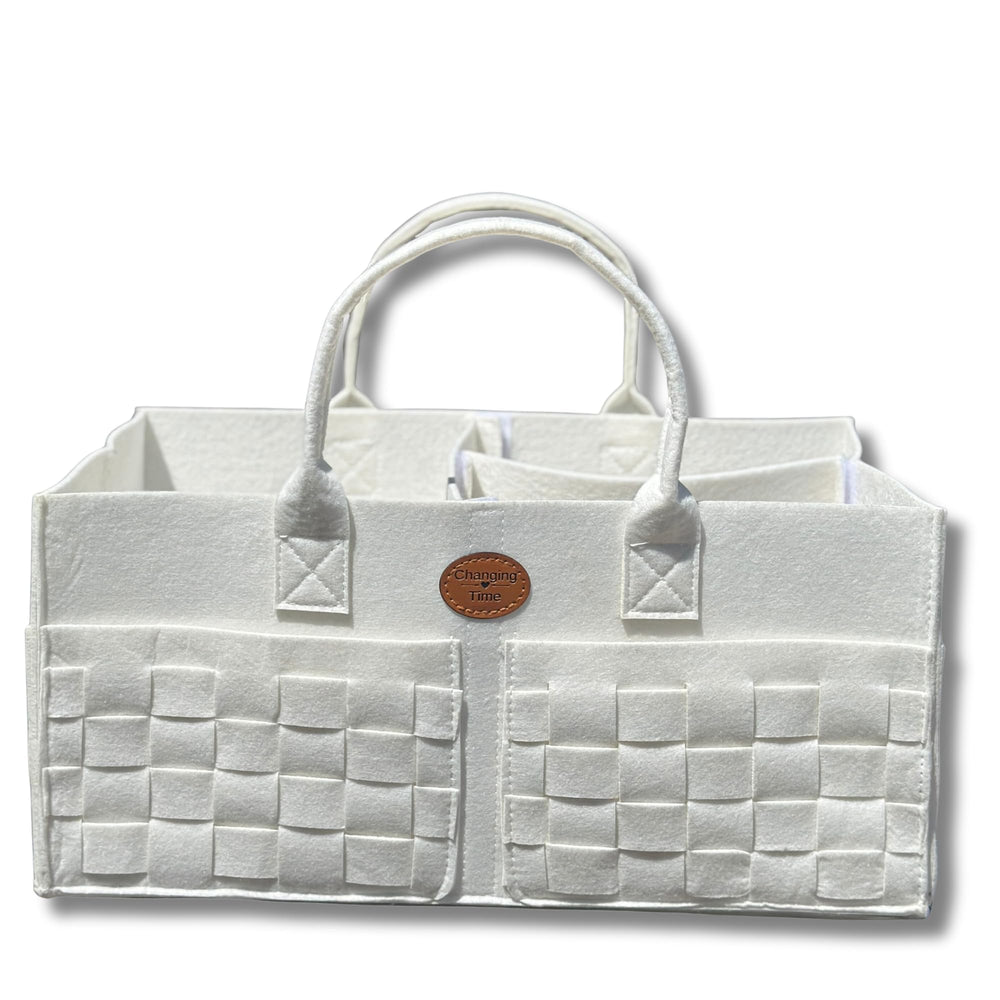 QGENUBA diaper caddy winter white front view showing spacious storage for diapers and wipes
