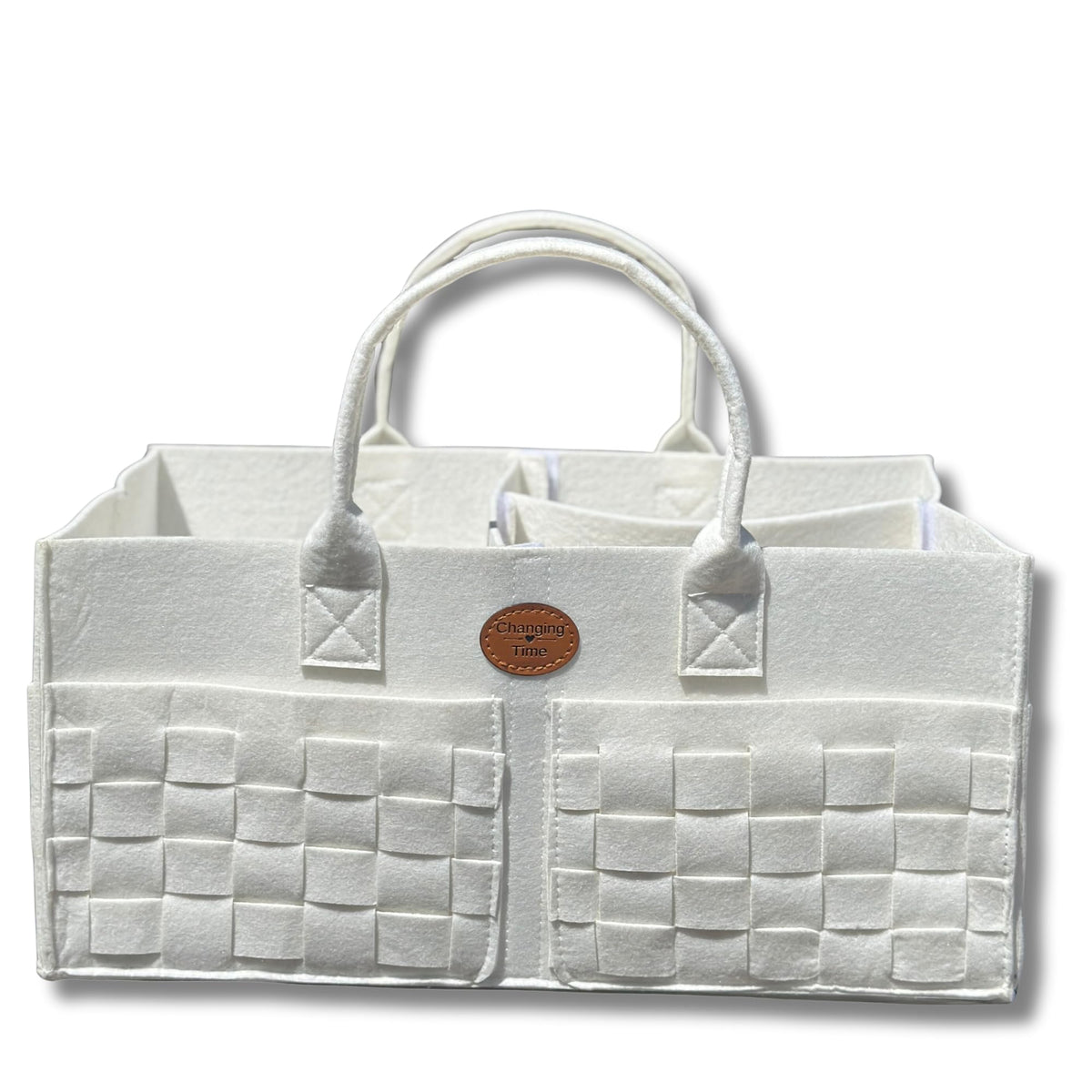 QGENUBA diaper caddy winter white front view showing spacious storage for diapers and wipes