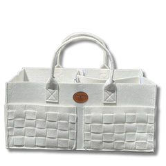 QGENUBA diaper caddy winter white front view showing spacious storage for diapers and wipes
