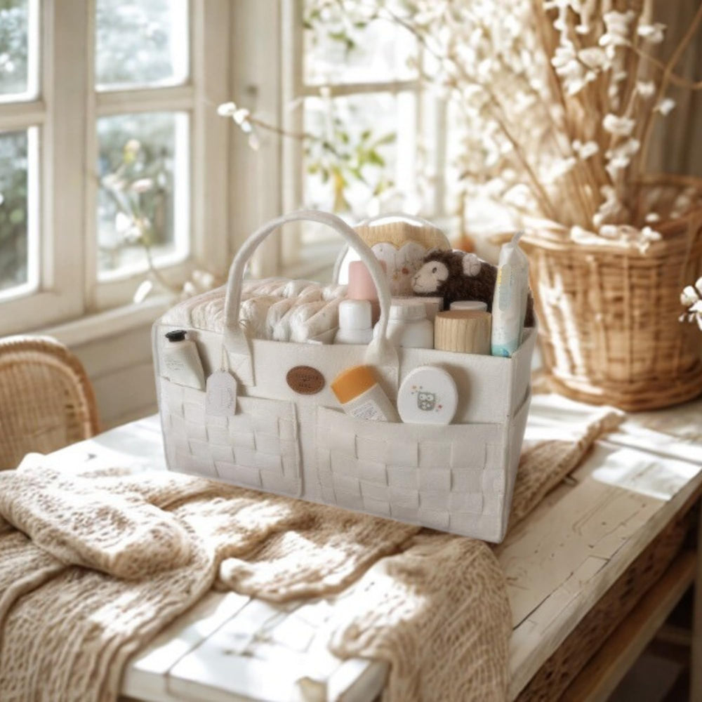 QGENUBA diaper caddy winter white top view highlights thick felt and shape retention