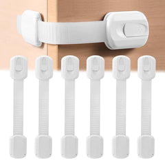 Qgond 6-pack cabinet locks shown on a cabinet to prevent pinch hazards.
