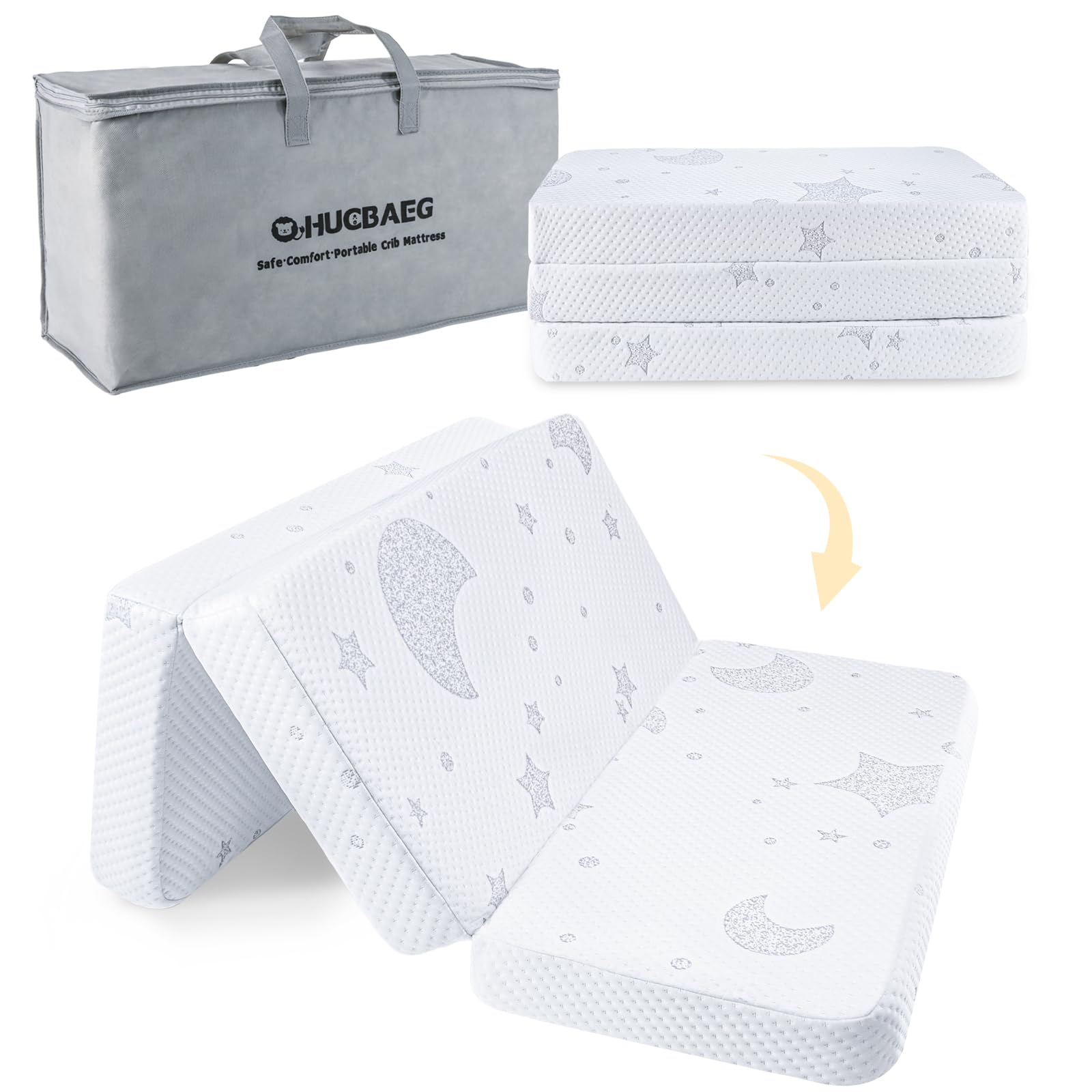 QHUCBAEG Pack and Play Mattress front view showing compact travel-ready design