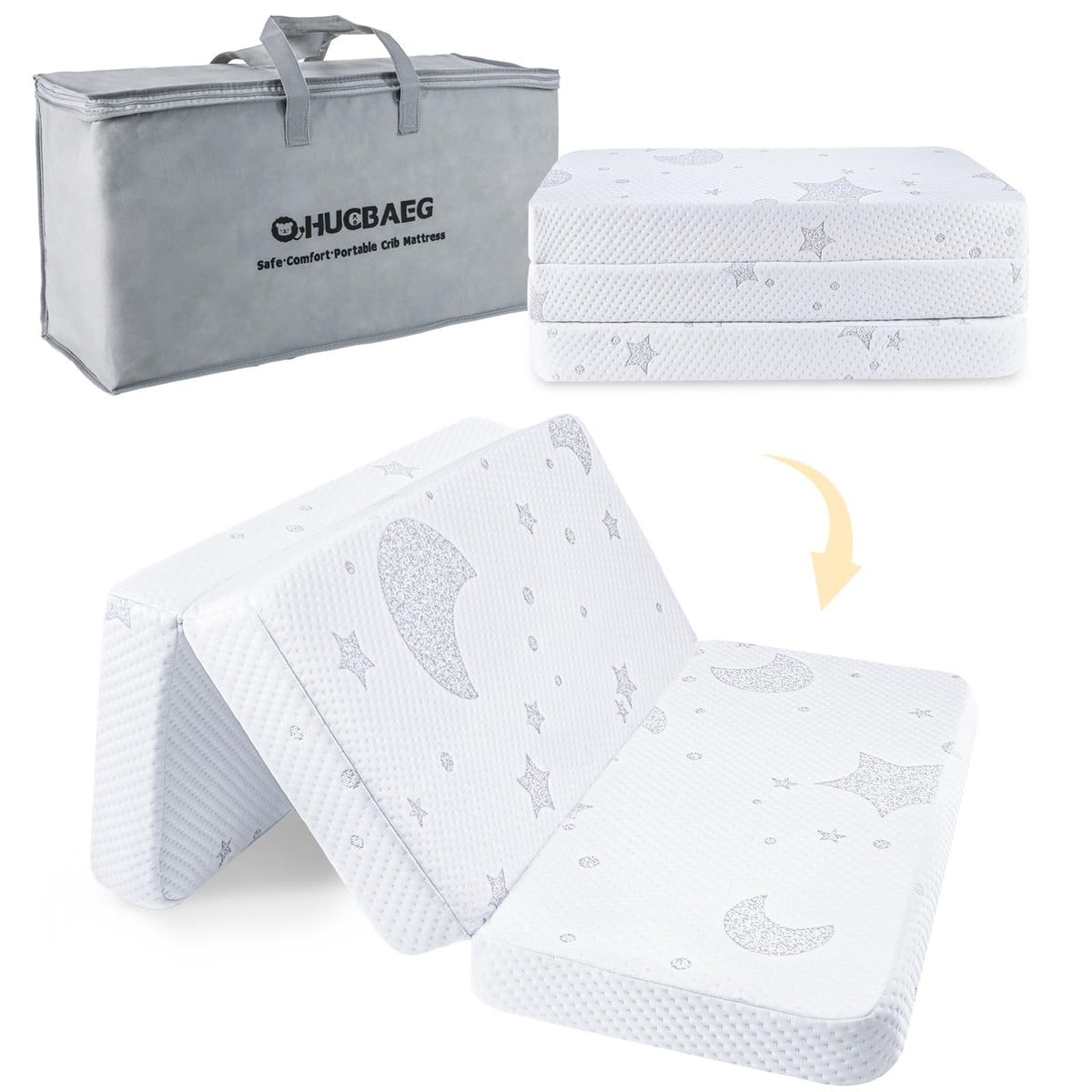 QHUCBAEG Pack and Play Mattress front view showing compact travel-ready design
