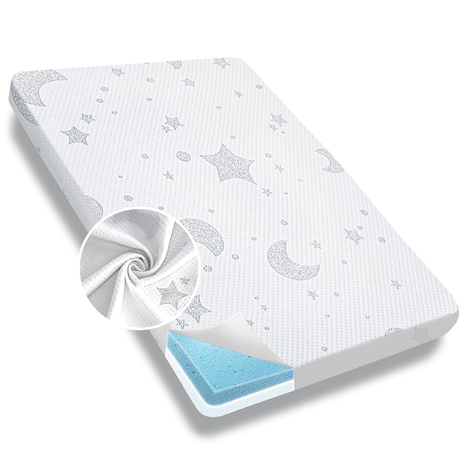 QHUCBAEG pack n play mattress shows 38x26 inch size for a snug fit.