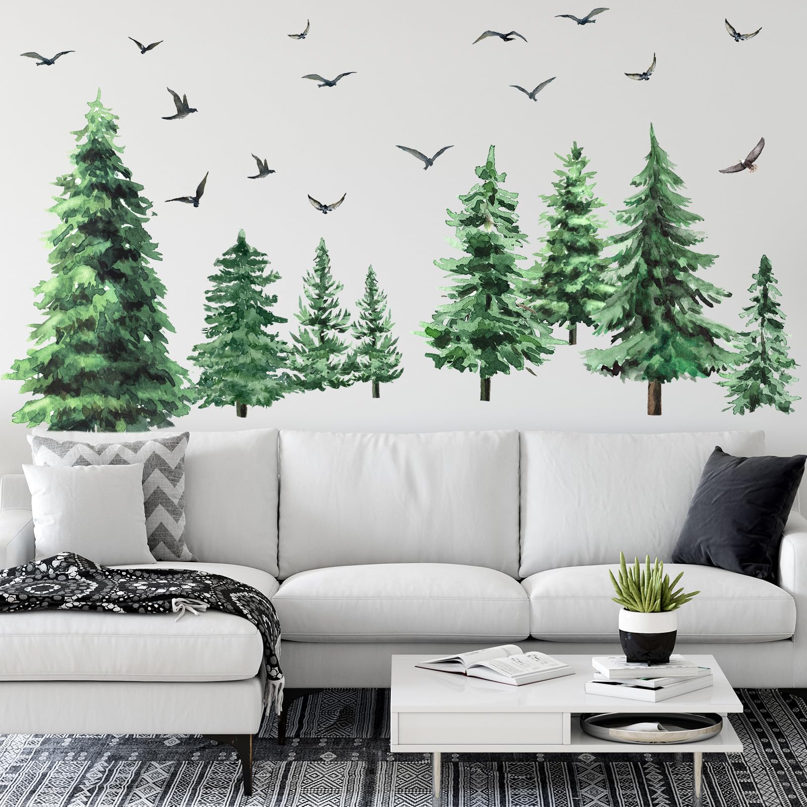 Qilery pine tree decal with birds adds cozy nature detail on smooth walls.