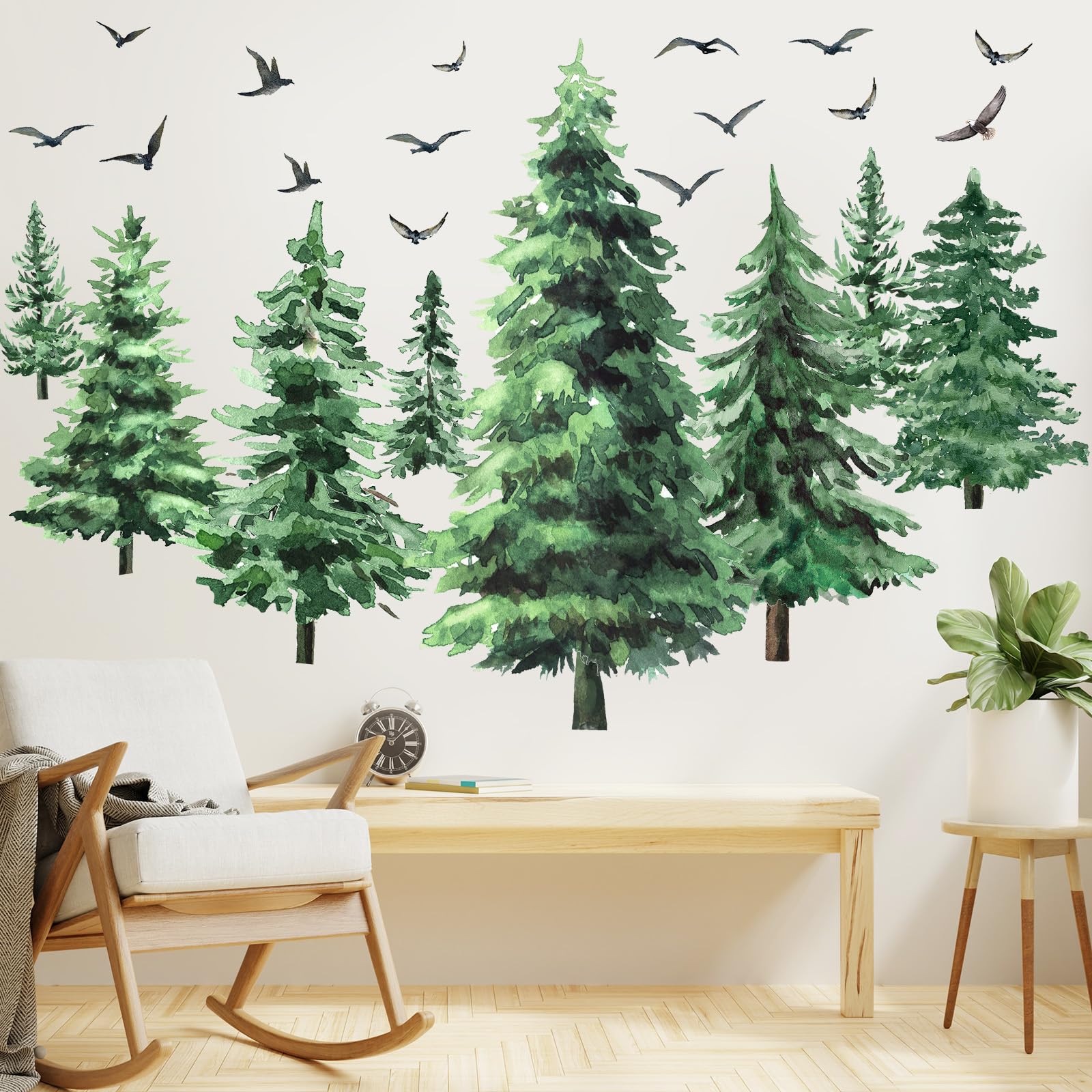 Qilery Pine Tree Wall Decal creates a calming nursery forest scene for walls.