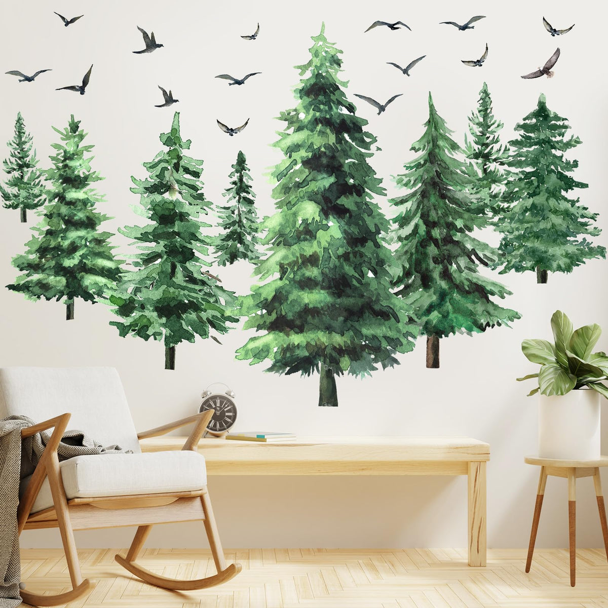 Qilery Pine Tree Wall Decal creates a calming nursery forest scene for walls.
