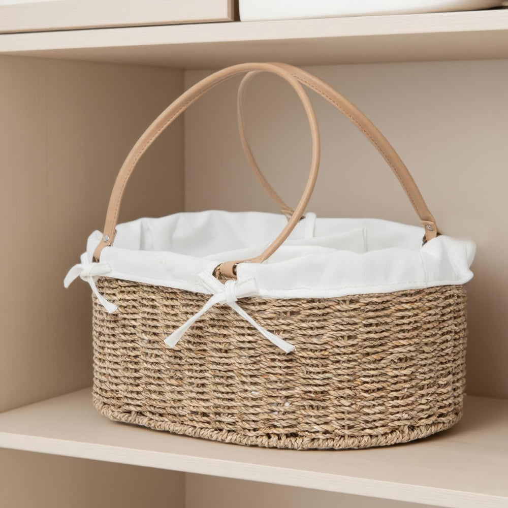 QINGTUHOME handwoven wicker caddy with PU handles for easy transport