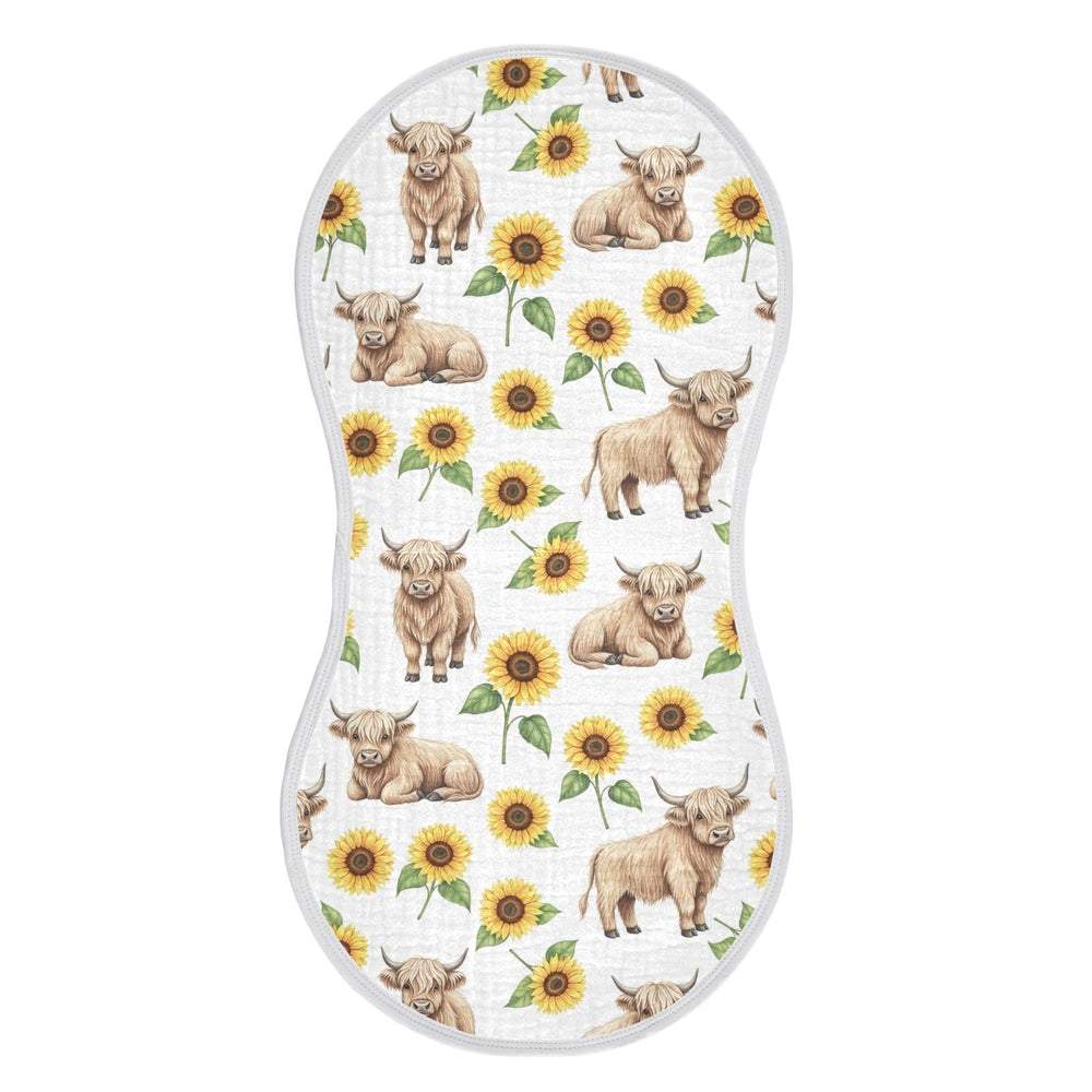 Qinllo burp cloths in Highland Cow Flowers pattern provide gentle absorbency for spit-up cleanup.