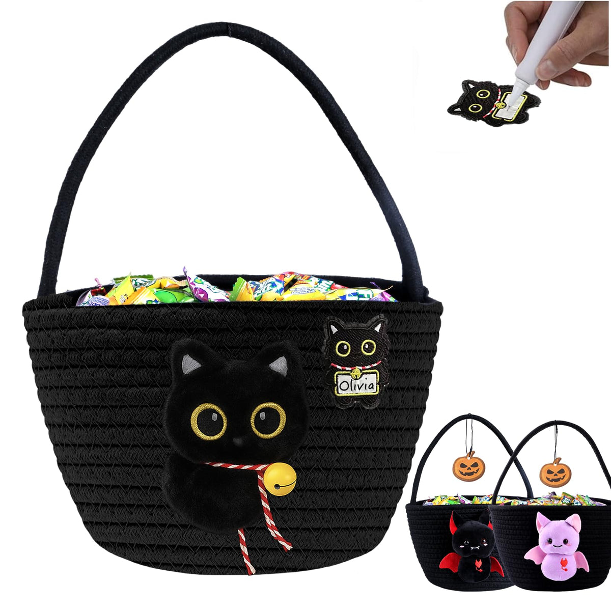 Qinthory personalized 3D plush black cat basket for nursery decor and storage