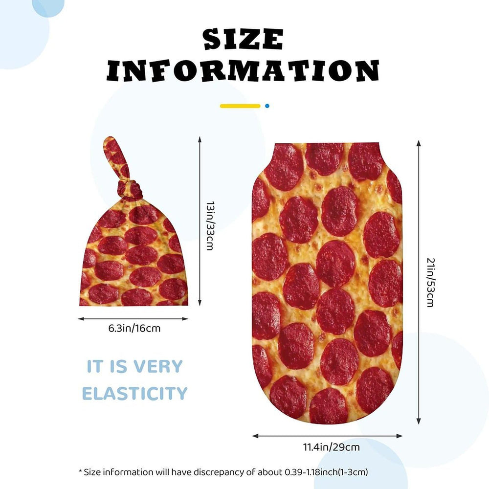 Qiohoey pizza-print swaddle close-up shows soft, skin-friendly fabric.