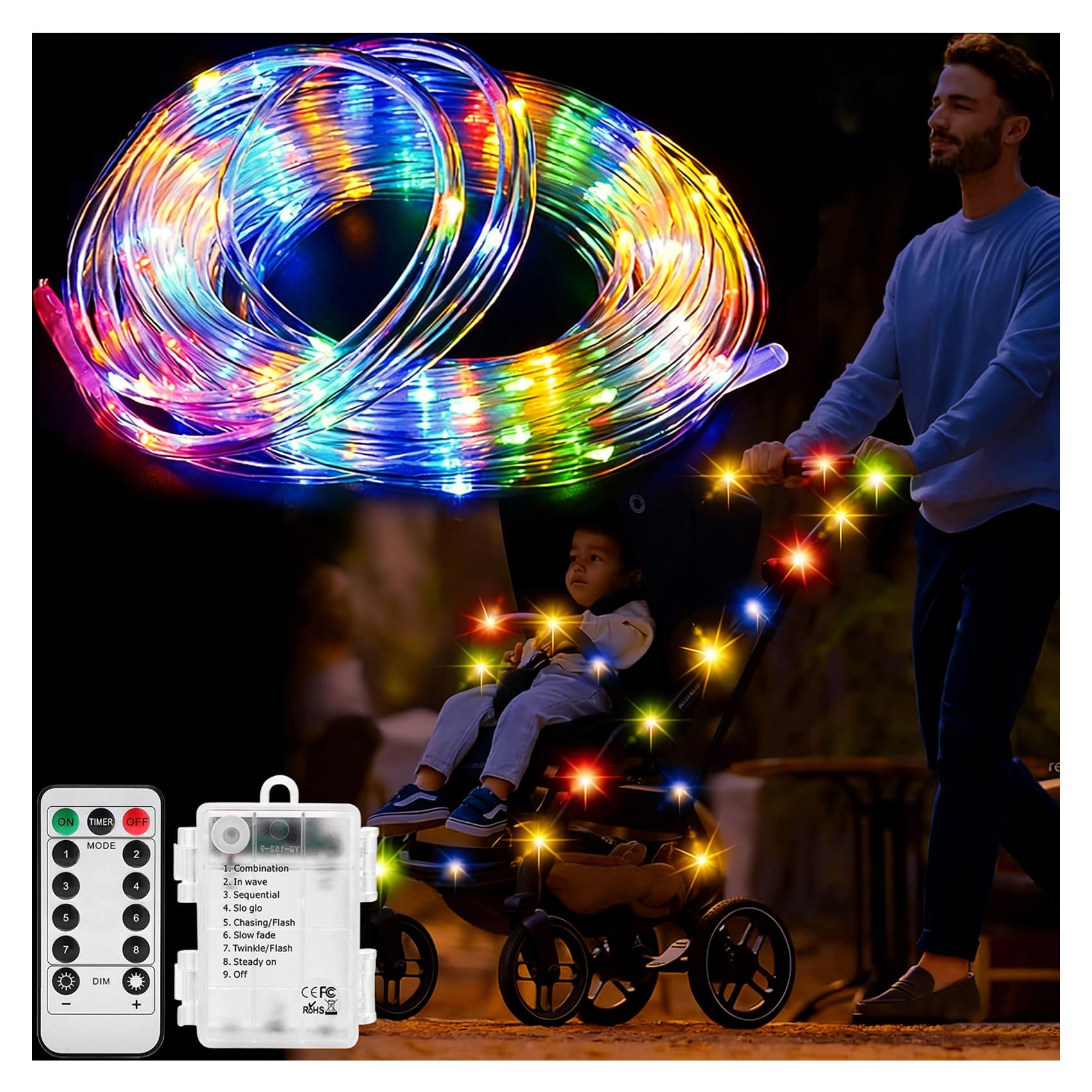 Qlonn stroller lights in blue glow enhance nighttime visibility for safe walks.