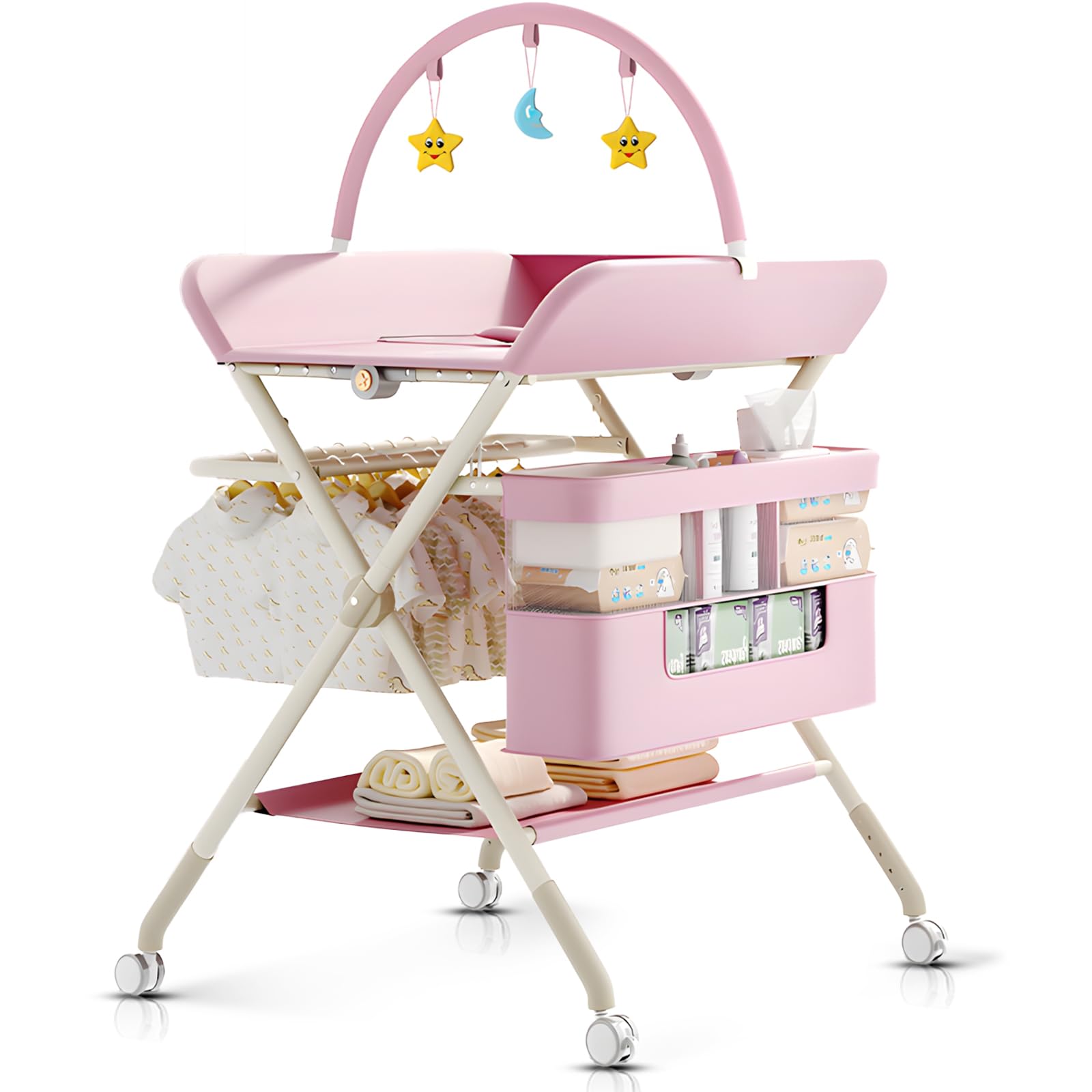 QMHHRJT pink changing table folded for compact storage and quick setup