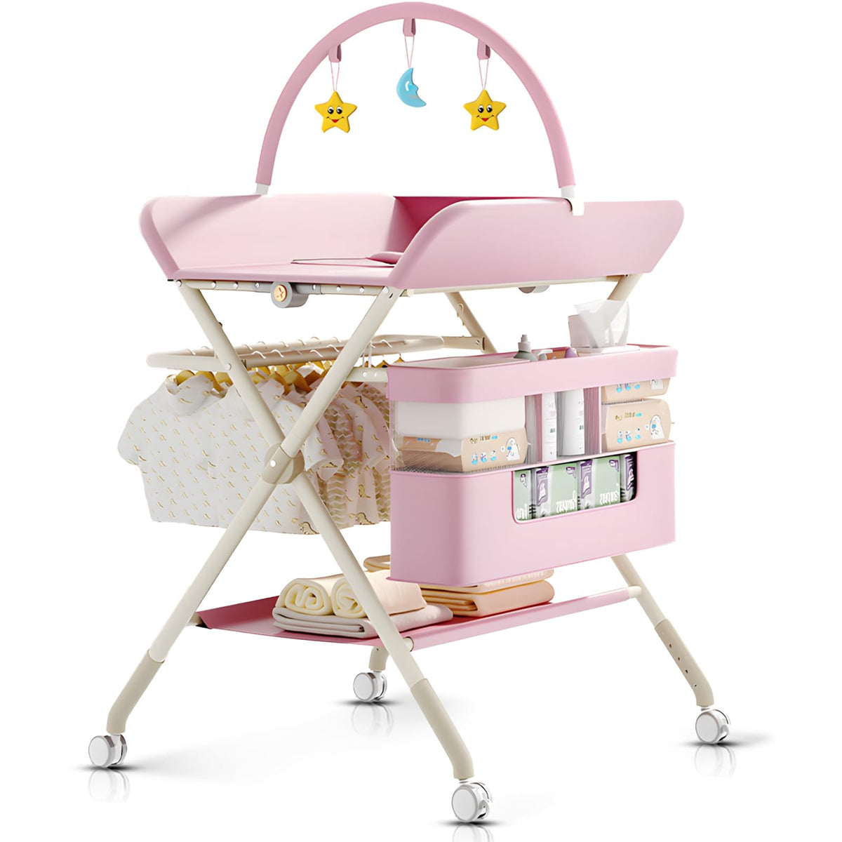 QMHHRJT pink changing table folded for compact storage and quick setup