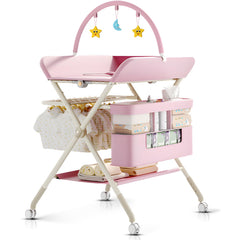 QMHHRJT pink changing table folded for compact storage and quick setup