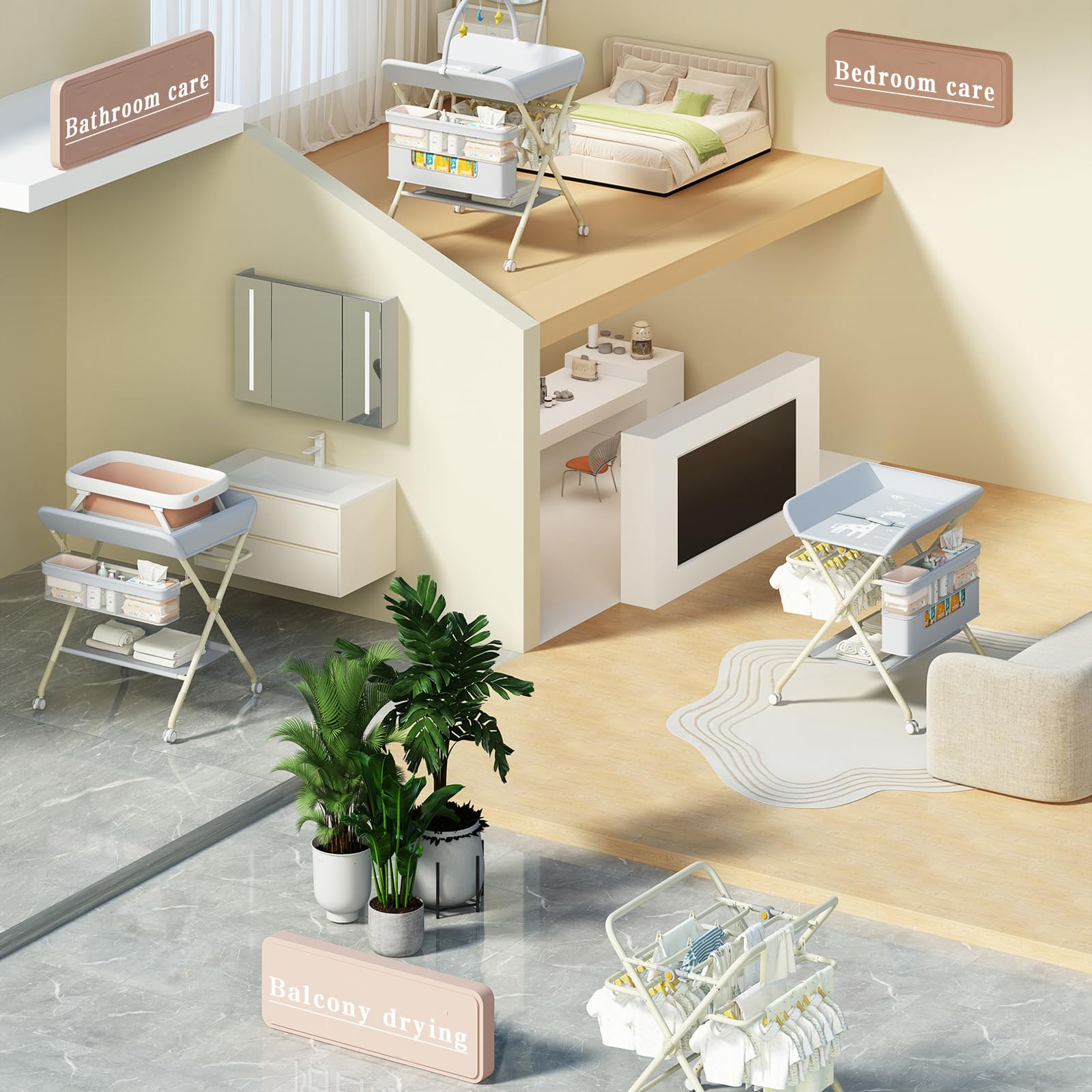 QMHHRJT pink changing table with large nursery organizer within reach