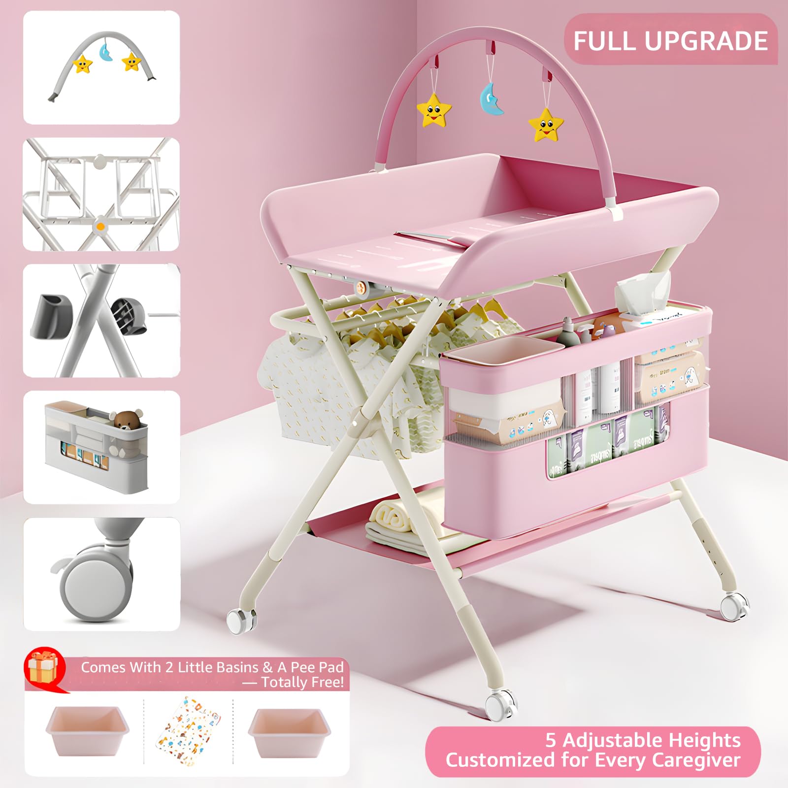 QMHHRJT pink changing table with wheels for smooth mobility
