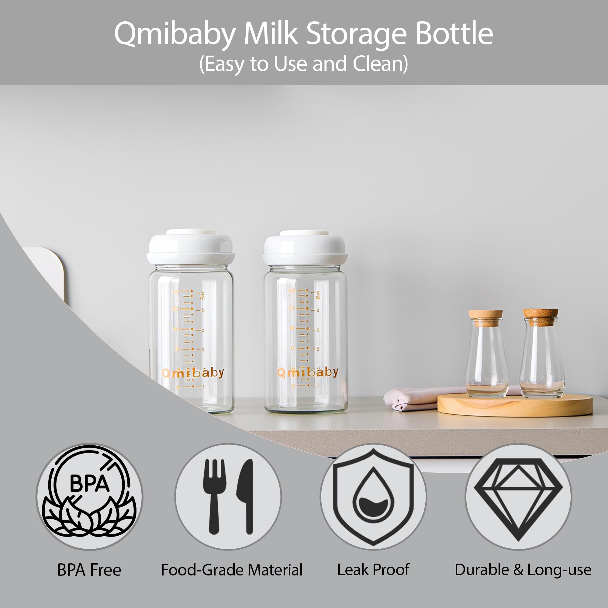 Qmibaby borosilicate glass construction for durability and easy washing.