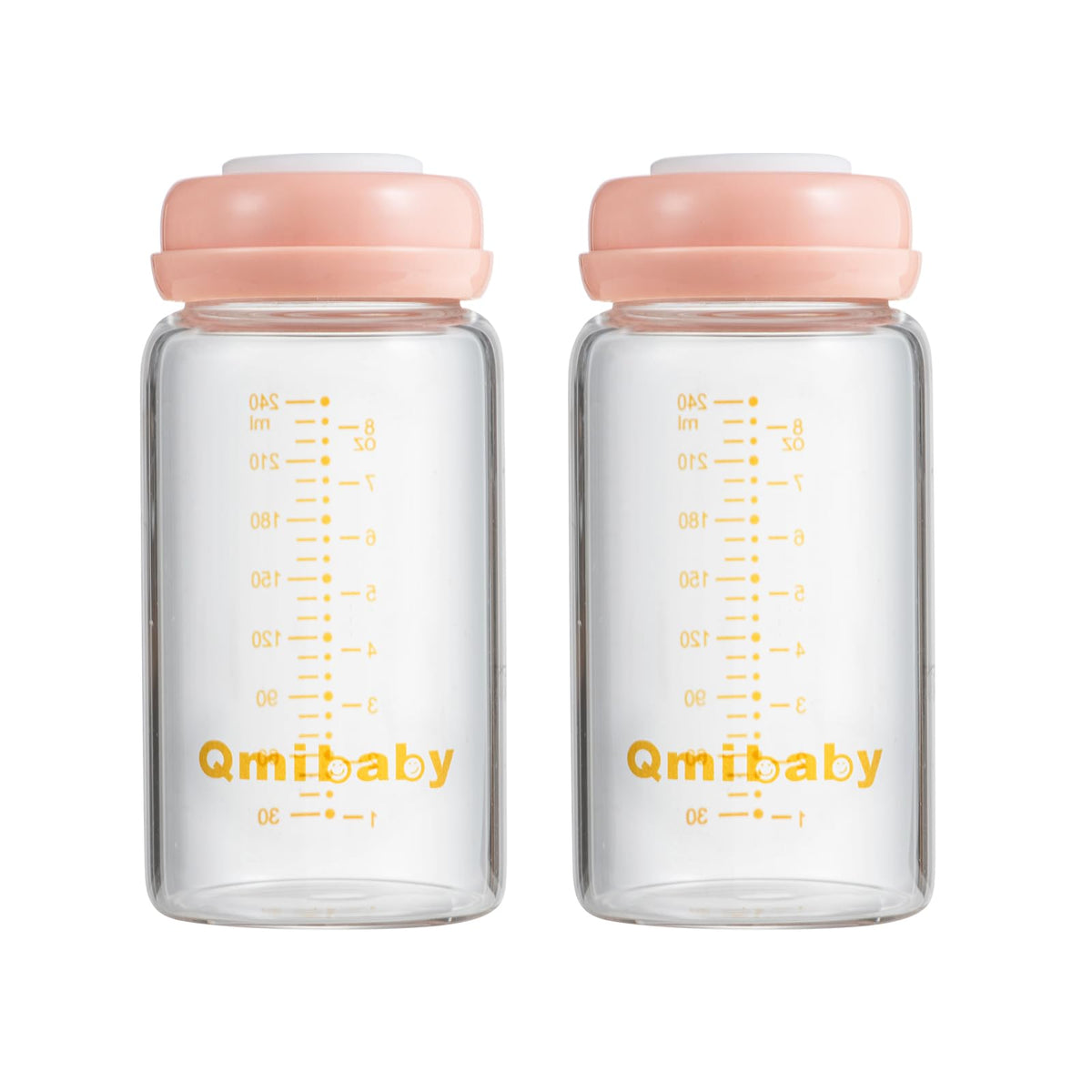 Qmibaby breast milk bottle pink 240ml wide-neck ready for pumping and storage.