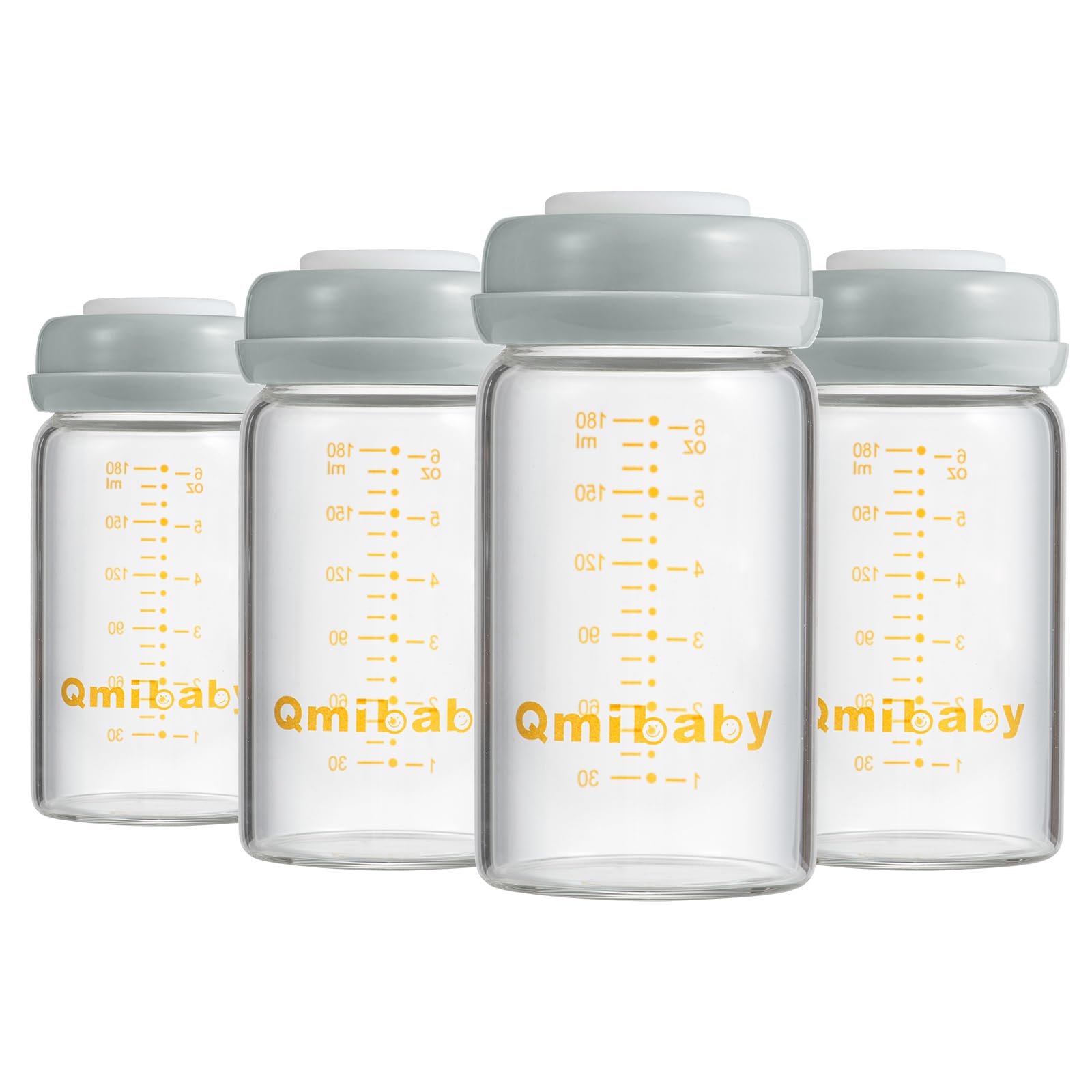 Qmibaby glass breastmilk bottle 180ml showing clear measurement scale for accurate storage
