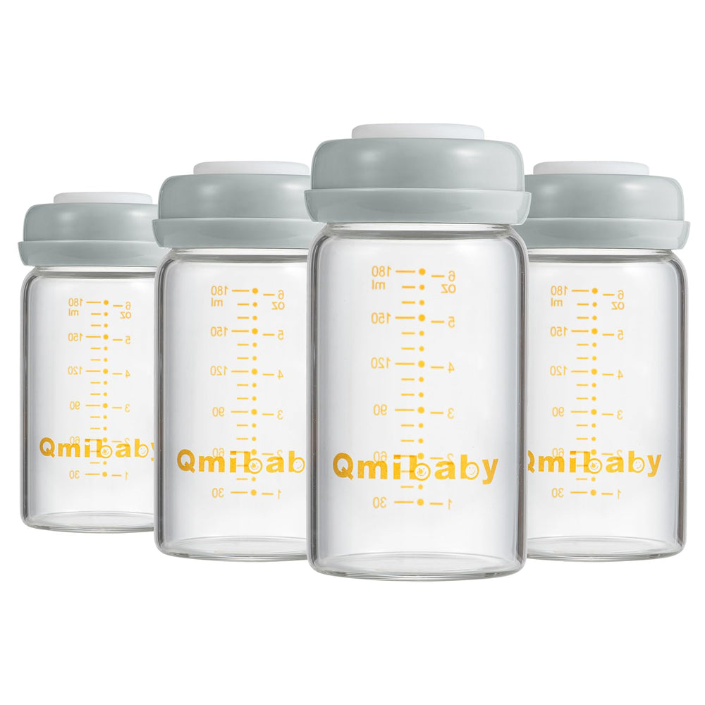 Qmibaby glass breastmilk bottle 180ml showing clear measurement scale for accurate storage