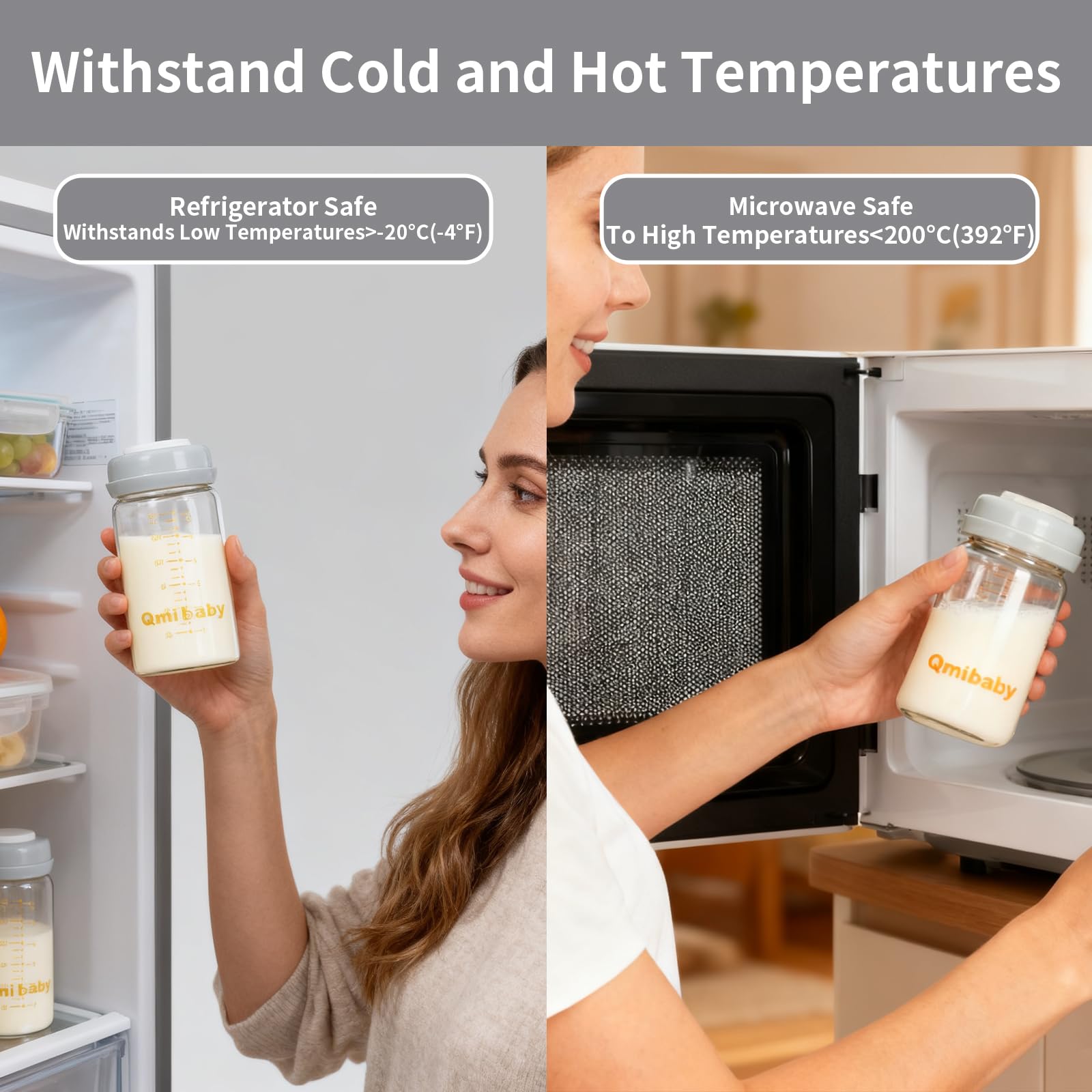 Qmibaby glass bottle demonstrated for refrigeration-safe storage and warming
