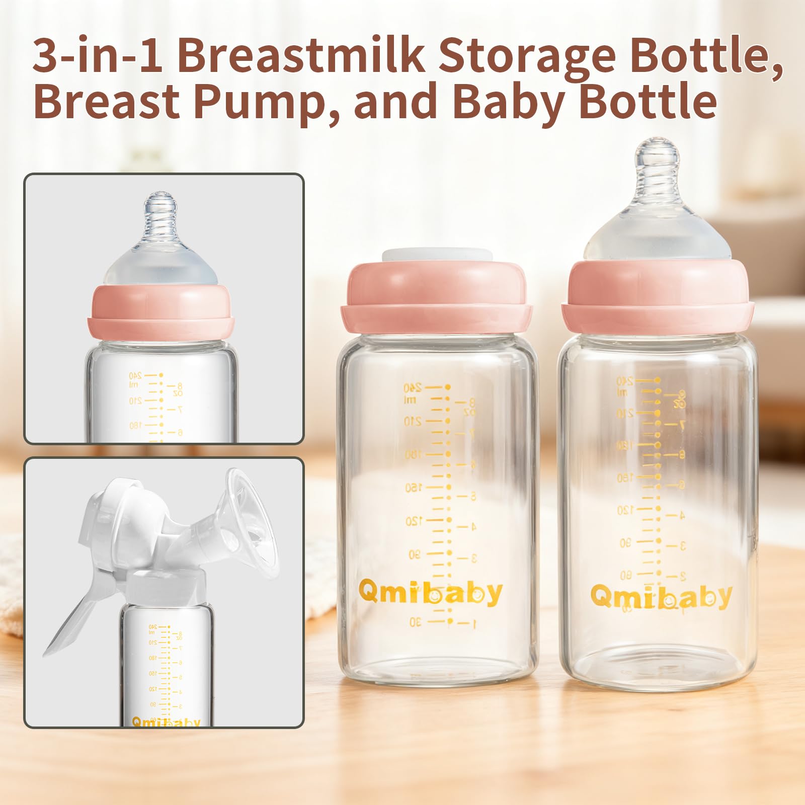 Qmibaby wide-neck bottle accepts most pumps for simple milk handling.