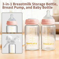 Qmibaby wide-neck bottle accepts most pumps for simple milk handling.