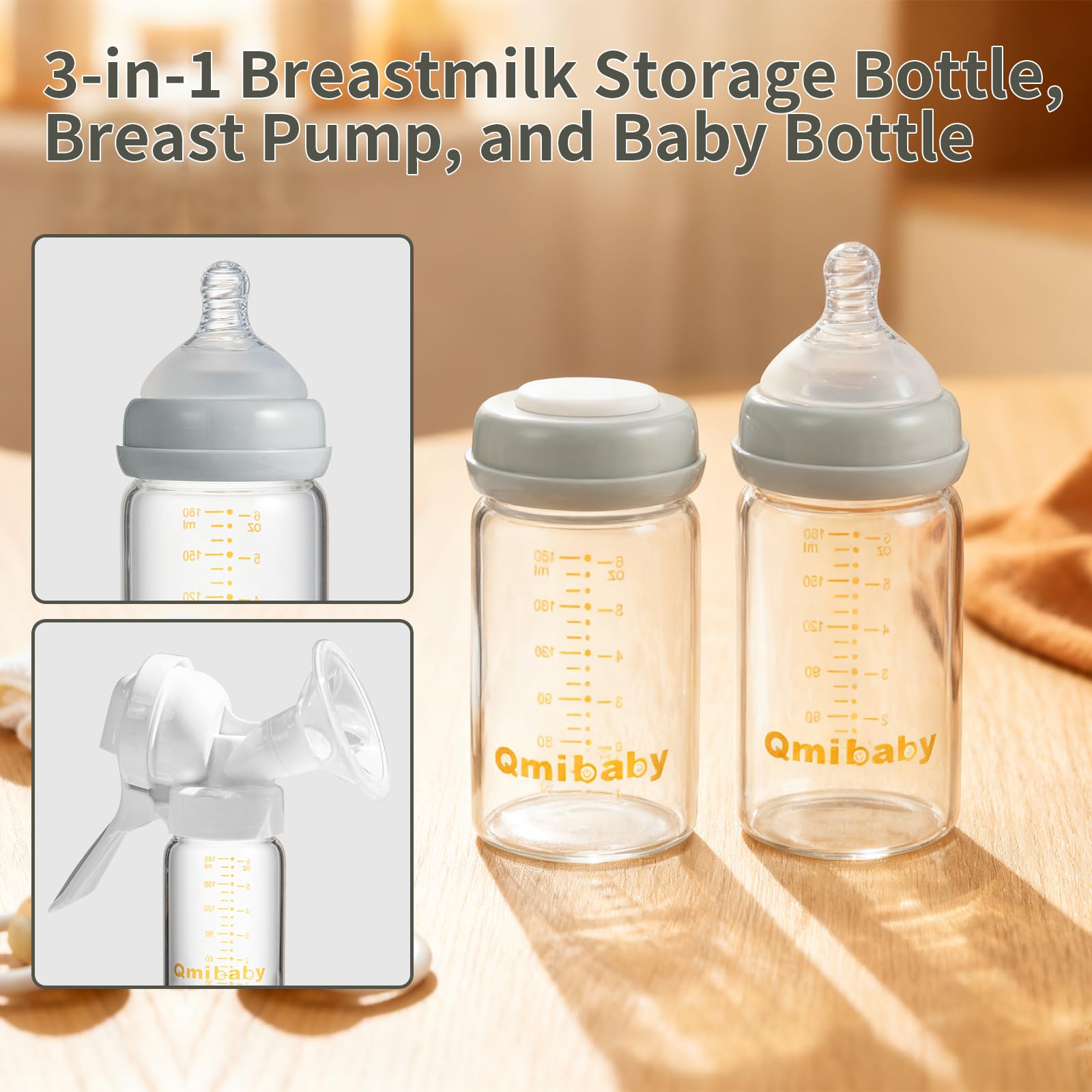 Qmibaby wide-neck bottle ready to fit pumps for seamless pumping and storage