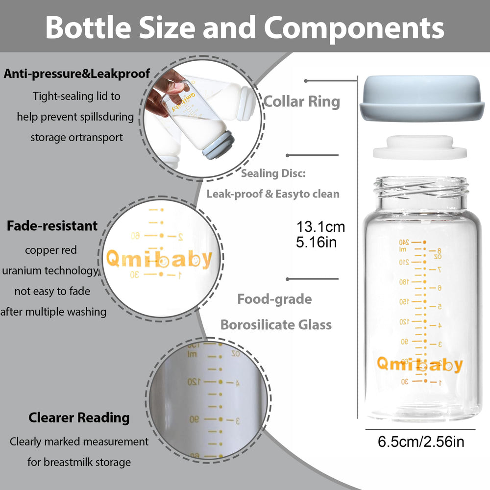 Qmibaby wide-neck compatibility for pump-to-bottle transfer and leak-free storage.